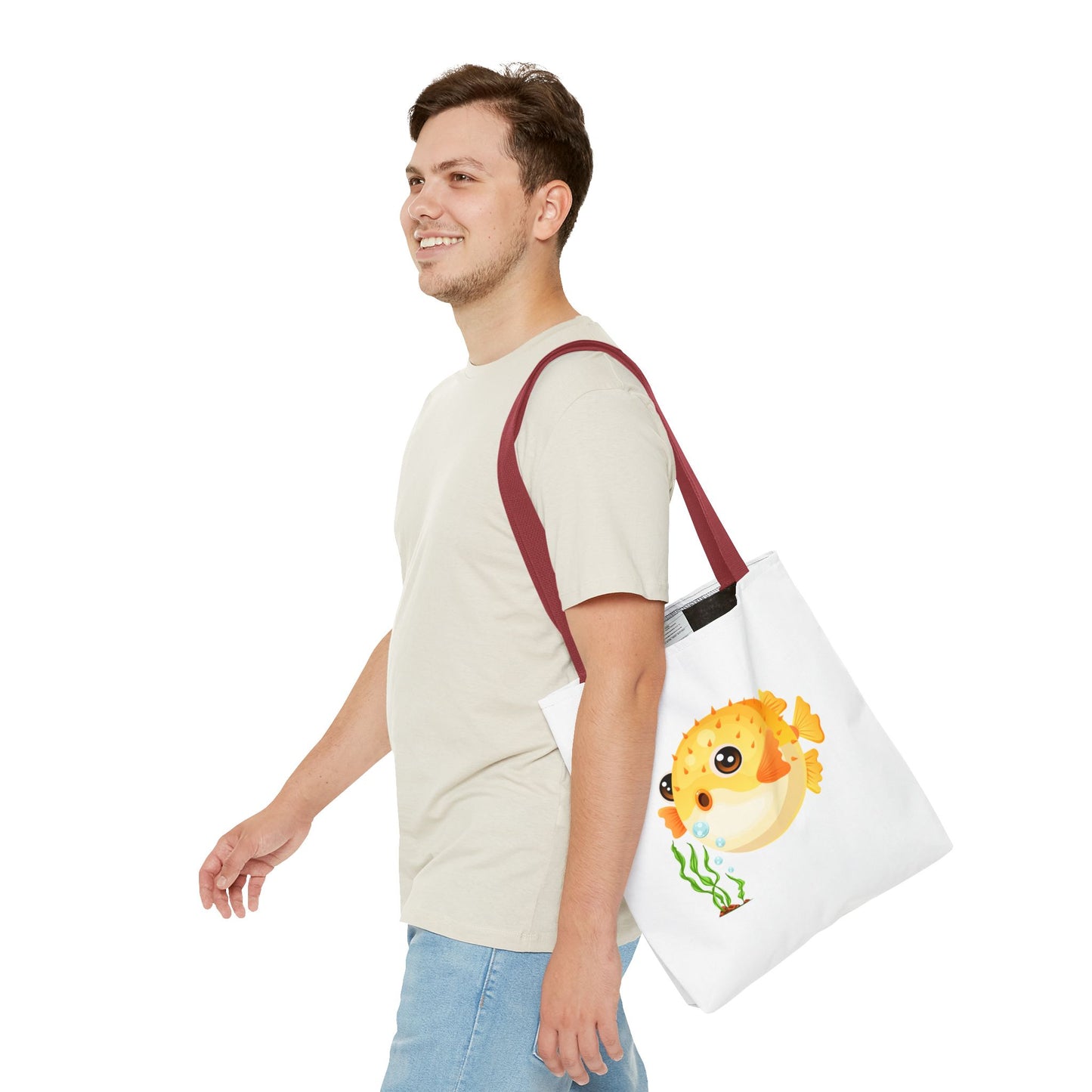 Cartoon Pufferfish with seaweed Tote Bag