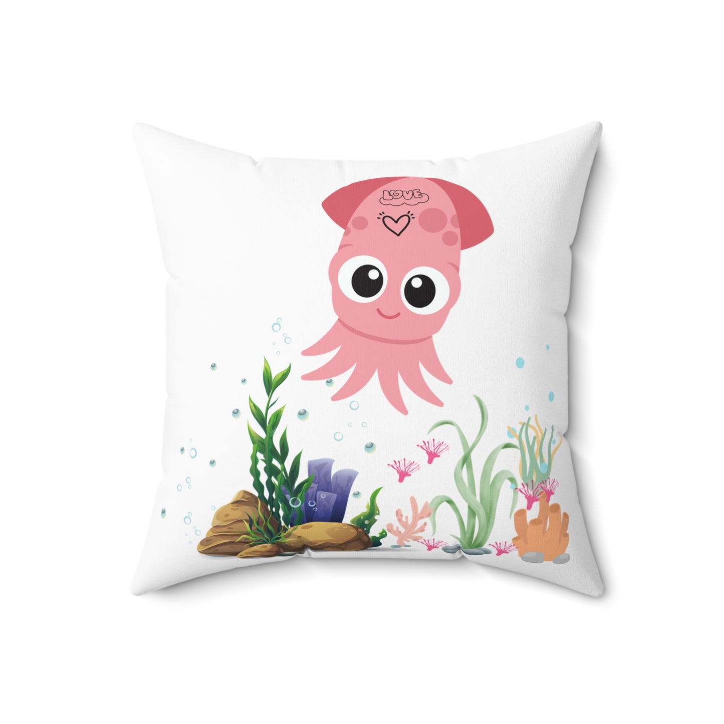 Pink squid cartoon with love Spun Polyester Square Pillow