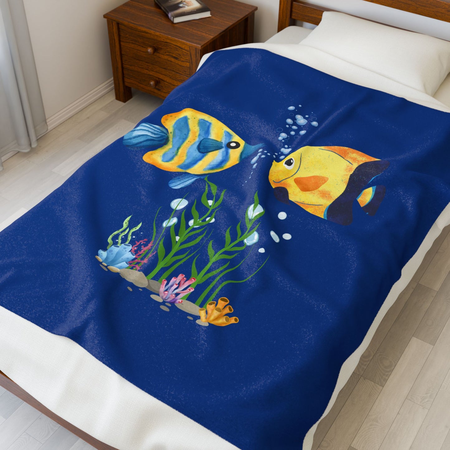 Two fish greet in underwater Velveteen Plush Blanket