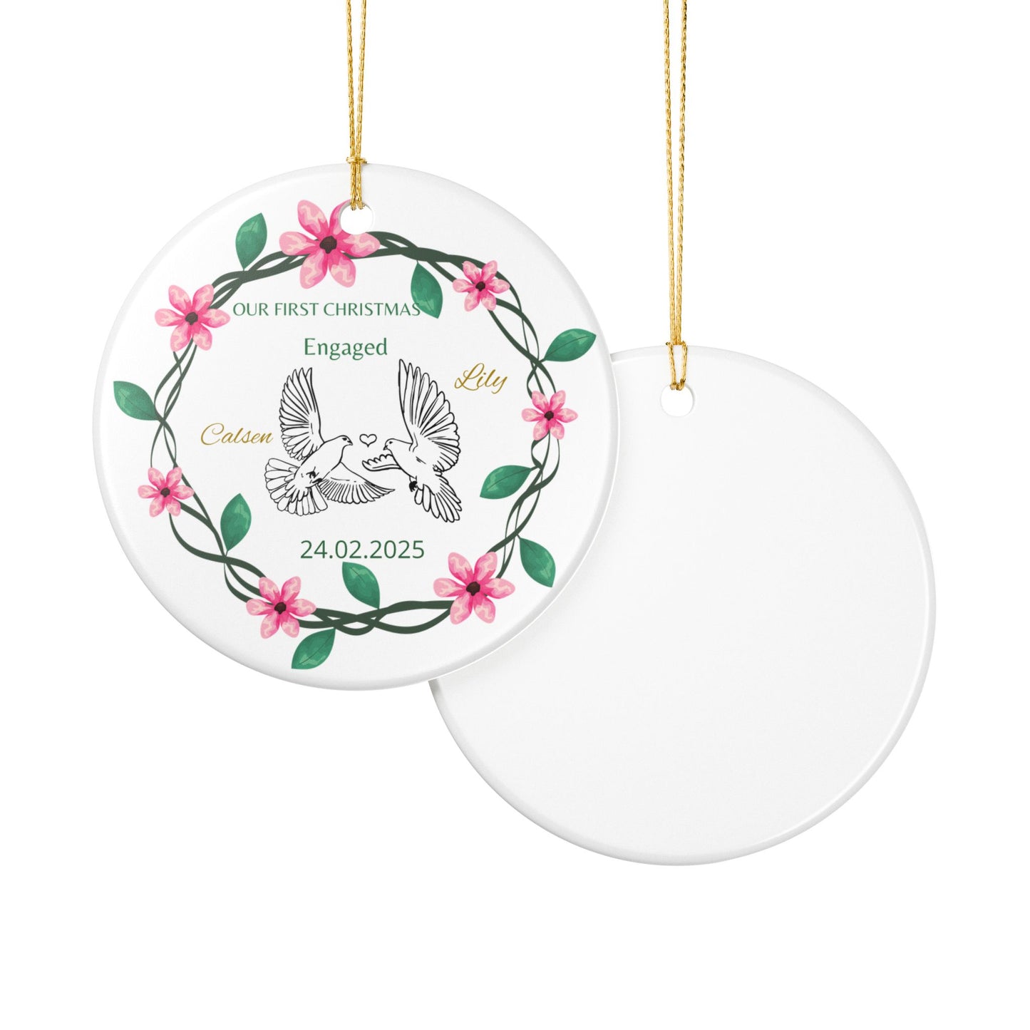 Personalized Engagement Ceramic Ornament | First Christmas Keepsake, Holiday Decor, Custom Gift, Wedding Memento, Love Decoration