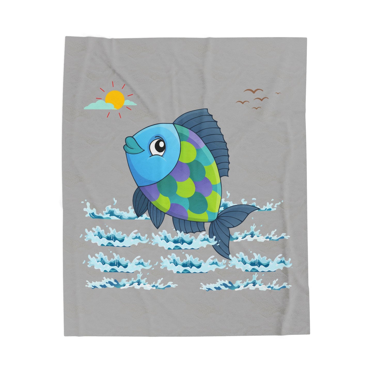 Fish with a sun and birds in the sky above water Velveteen Plush Blanket