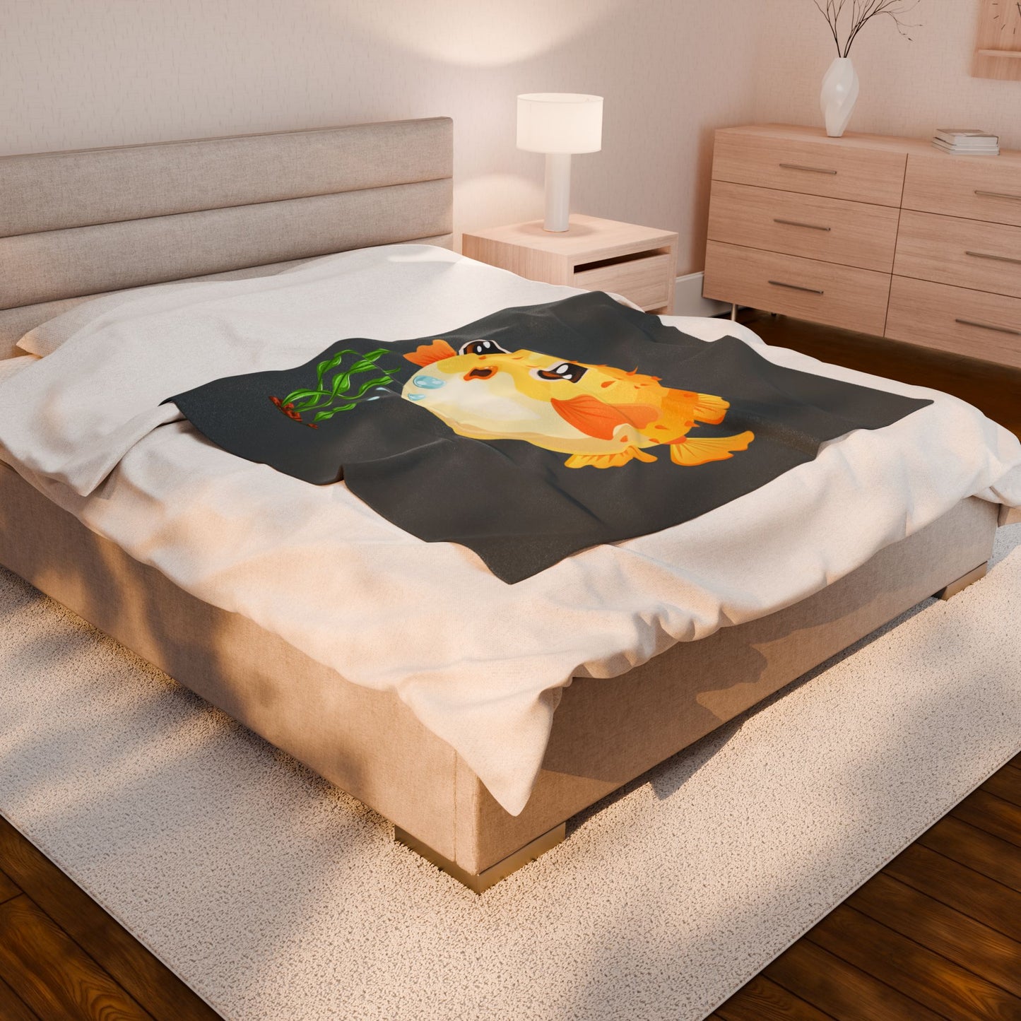 Cartoon Pufferfish with seaweed Velveteen Plush Blanket