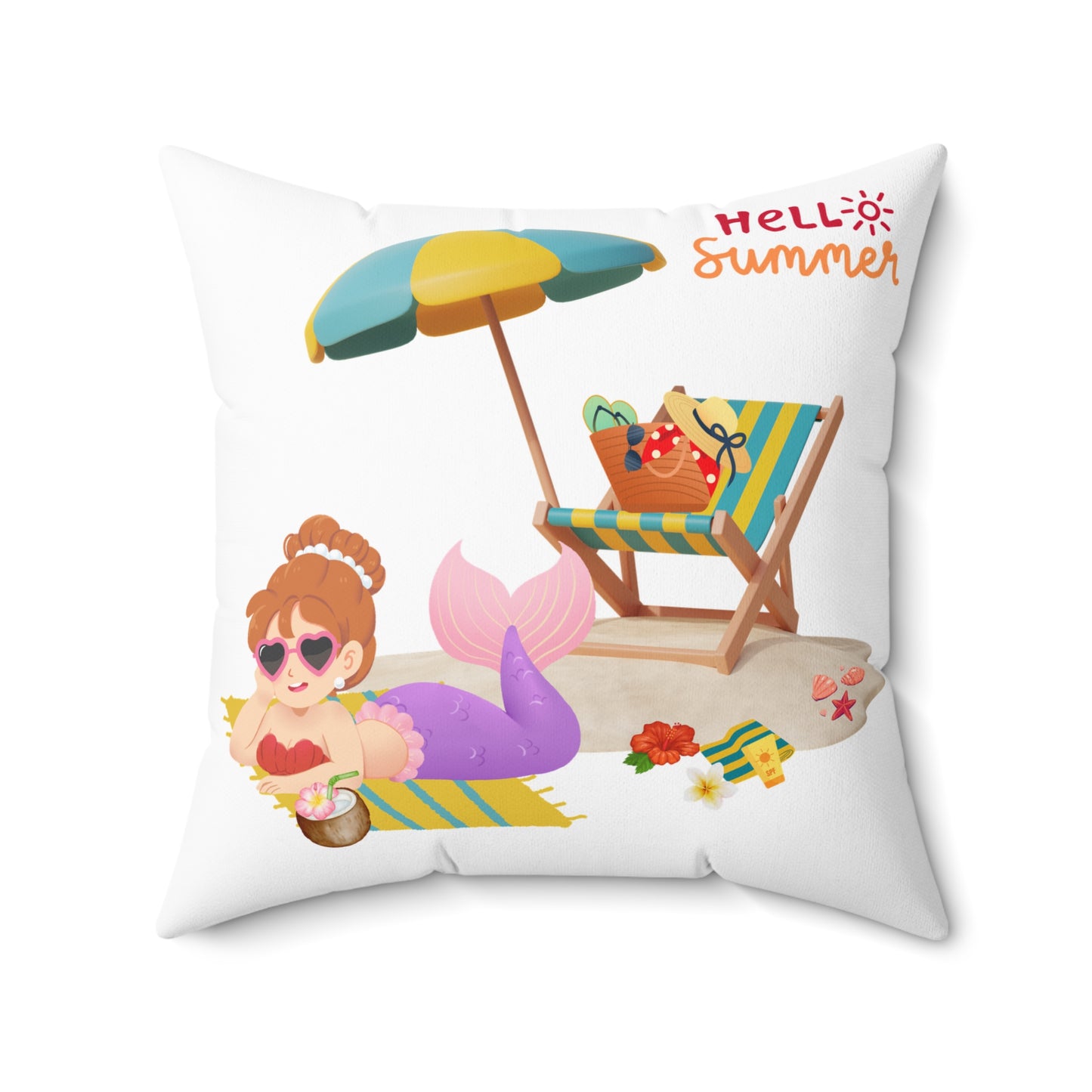 Mermaid lounging on a beach towel Spun Polyester Square Pillow