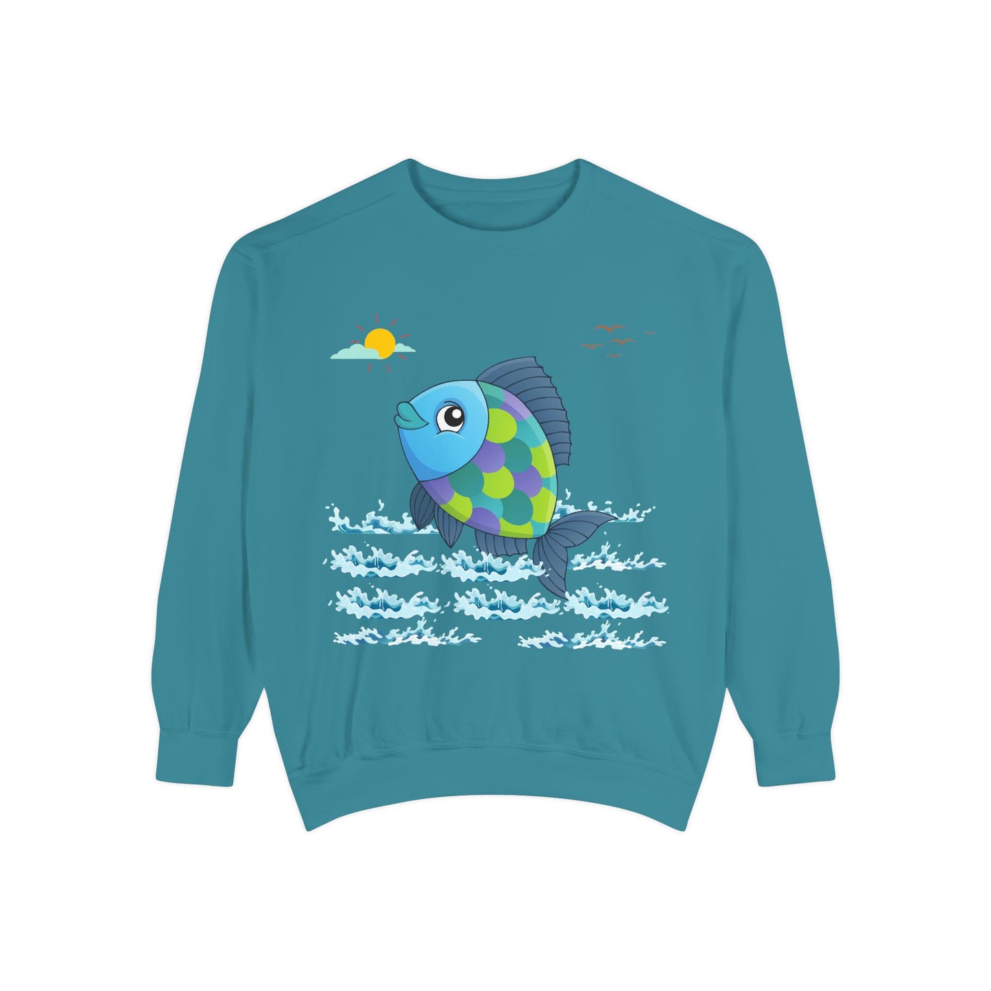 Fish with a sun and birds in the sky above water Unisex Garment-Dyed Sweatshirt