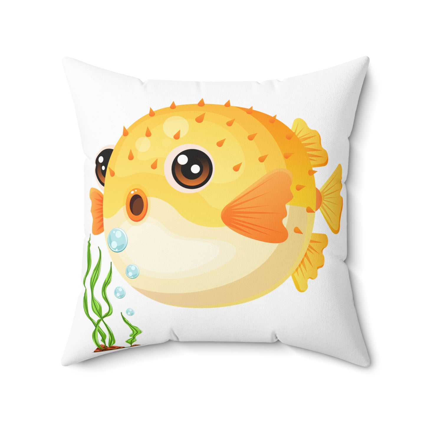 Cartoon Pufferfish with seaweed Spun Polyester Square Pillow