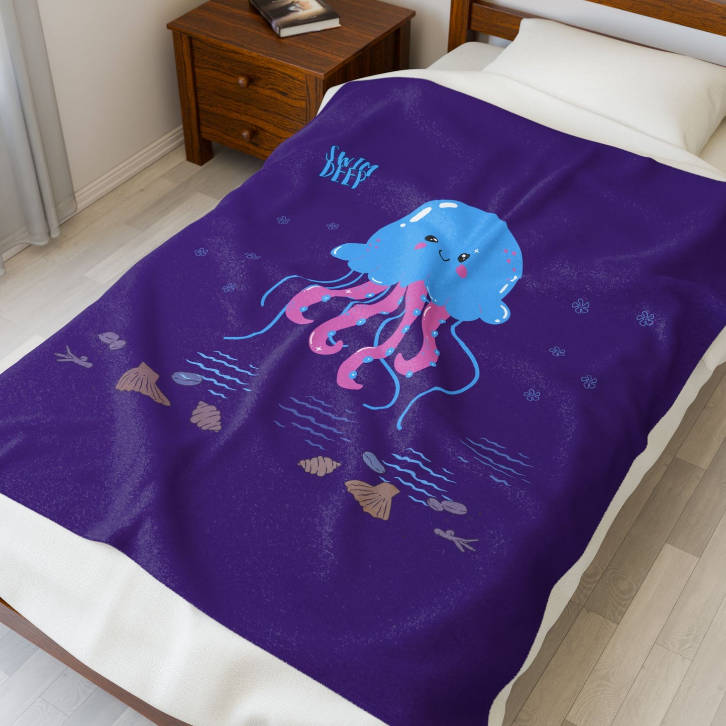 Blue jellyfish with pink tentacles Velveteen Plush Blanket