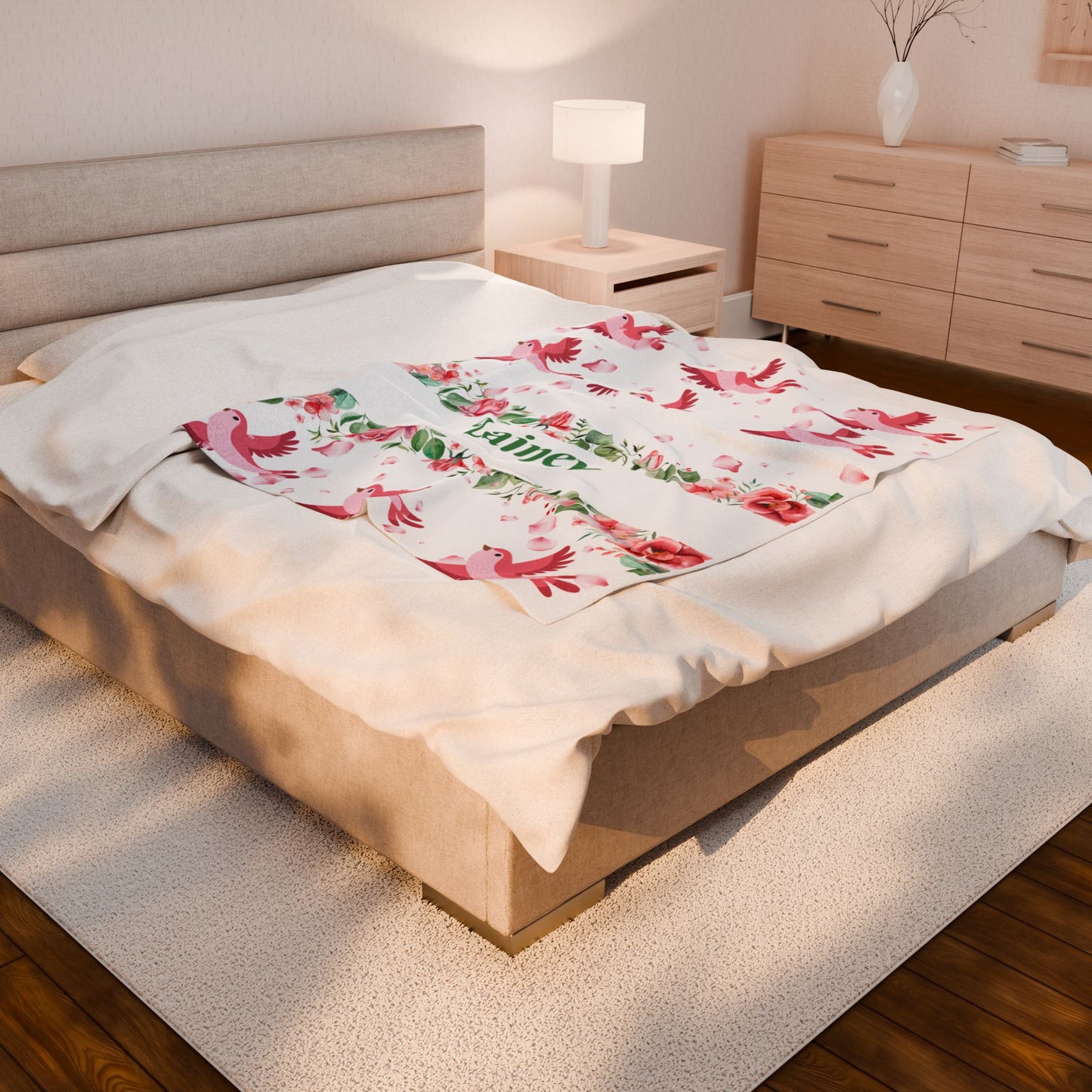 Personalized Floral Bird Plush Blanket, Cozy Blanket, Gift for Her, Nursery Decor, Baby Shower, Kids Room, Warm Throw