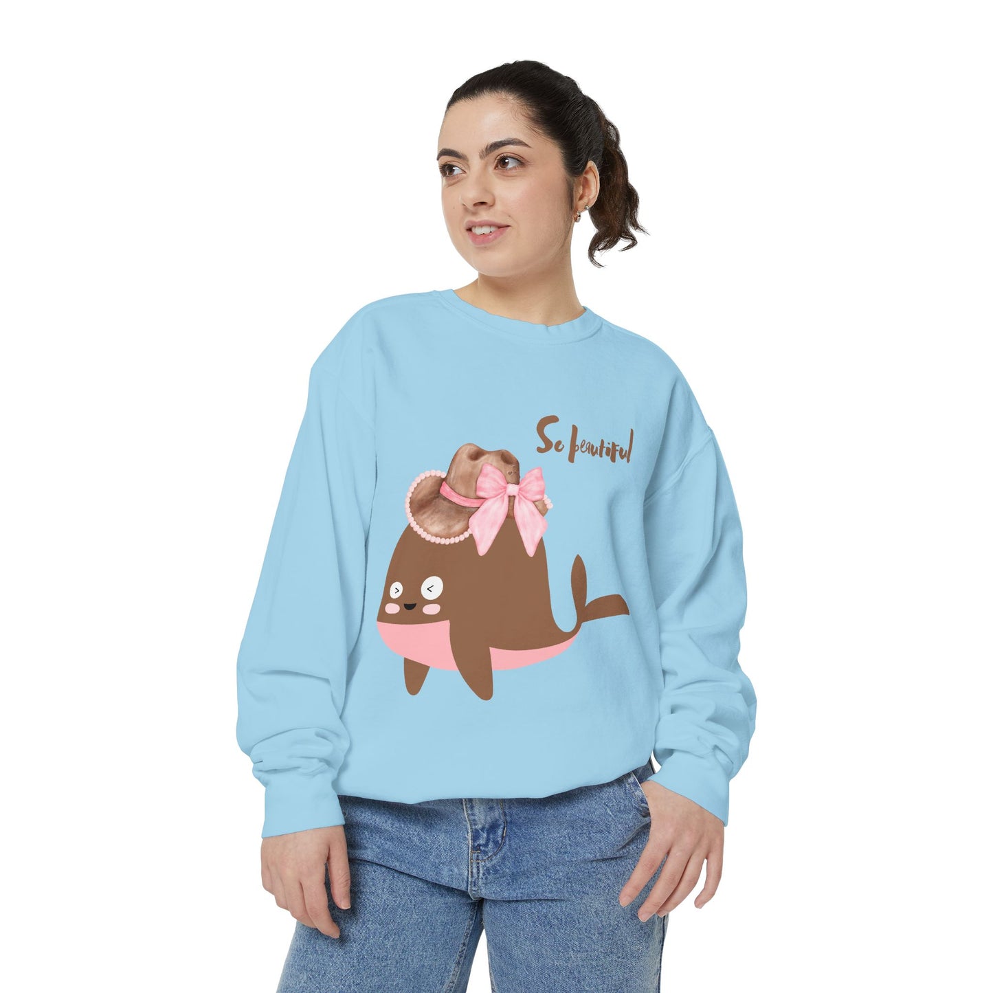 Whale wearing a cowboy hat with a pink bow Unisex Garment-Dyed Sweatshirt