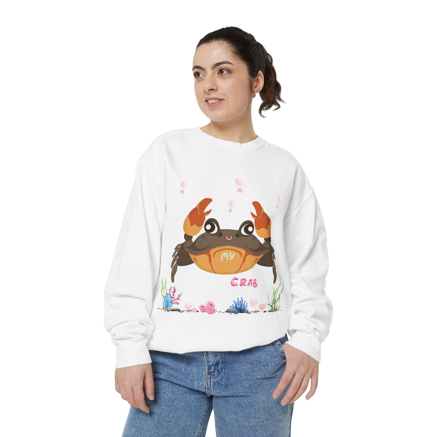 Crab with subtle bubbles and underwater flora Unisex Garment-Dyed Sweatshirt
