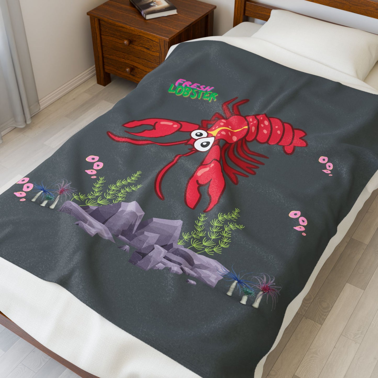 Friendly red lobster big eyes and yellow strip Velveteen Plush Blanket