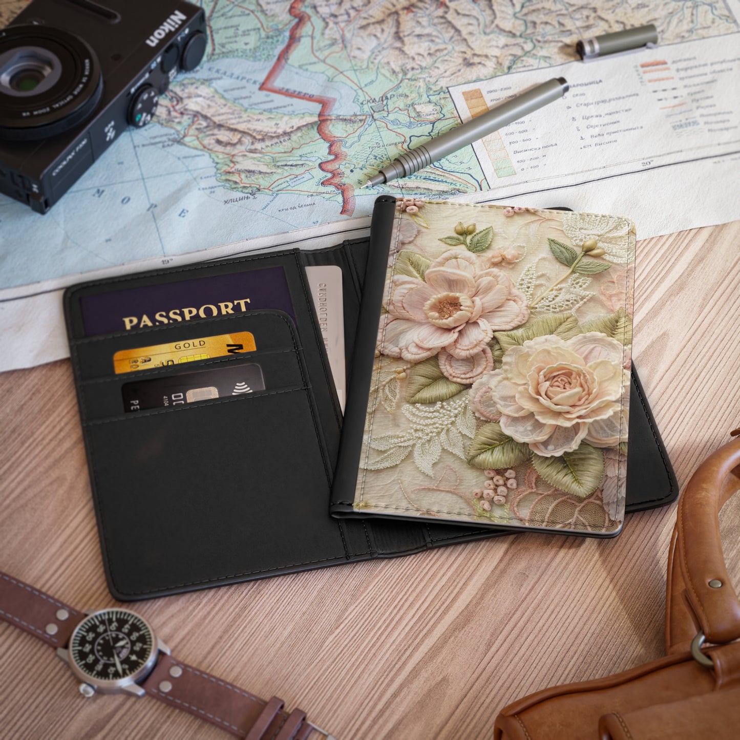 Floral Embroidered Passport Cover — Vintage Rose Travel Wallet