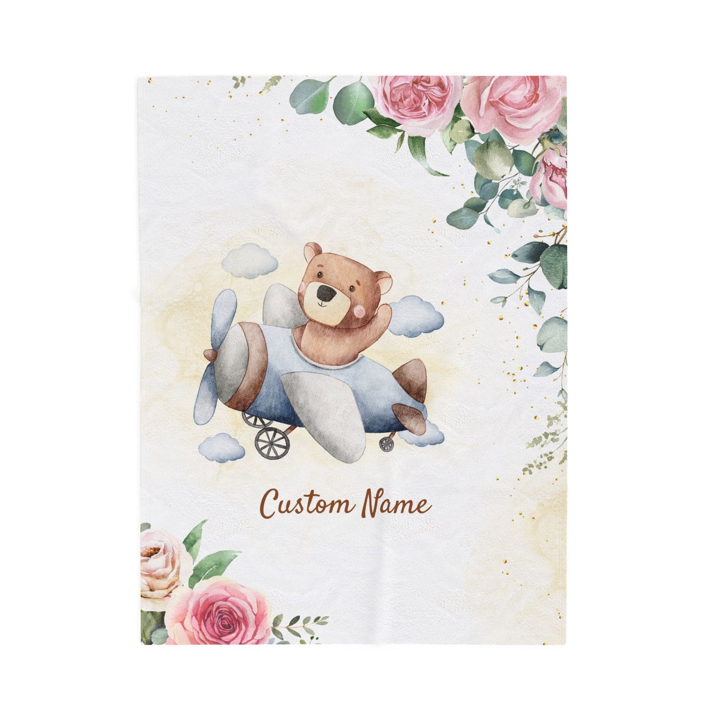Personalized Velveteen Plush Blanket with Custom Name, Kids Blanket, Nursery Decor, Baby Shower Gift, Floral Bear Design