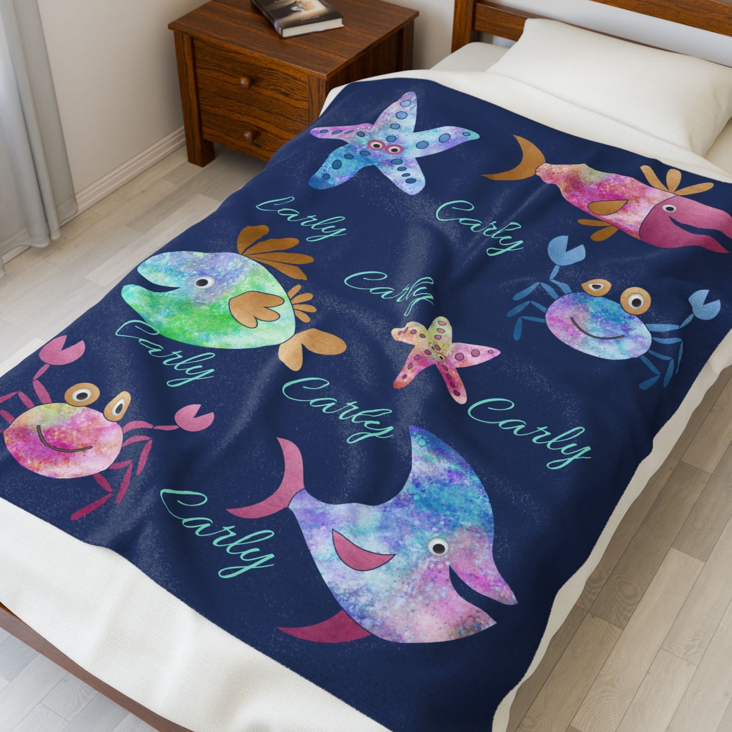 Personalized Velveteen Plush Blanket - Colorful Sea Creatures Design, Custom Gift, Kids Bedroom Decor, Cozy Blanket, Kids Gift