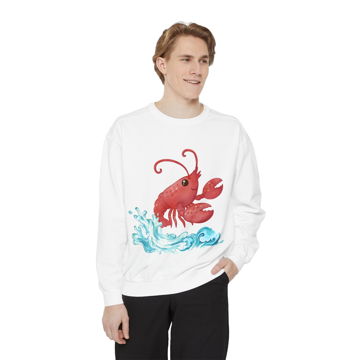 Cheerful red lobster emerging from stylized blue waves Unisex Garment-Dyed Sweatshirt