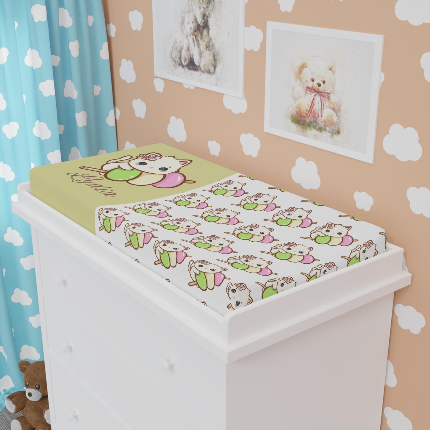 Cute Kitten Baby Changing Pad Cover — Soft Floral Cat Design, Personalized Nursery Accent