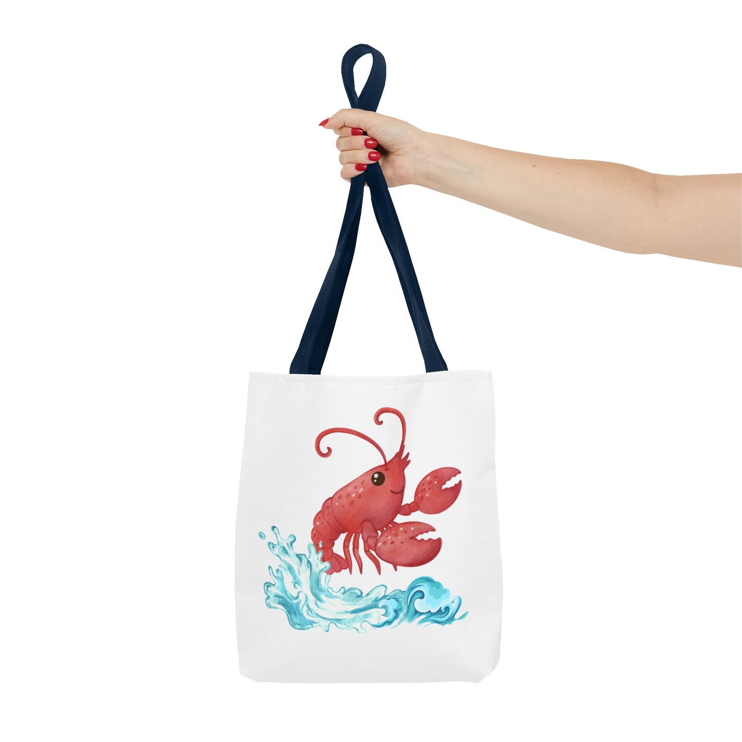 Cheerful red lobster emerging from stylized blue waves Tote Bag