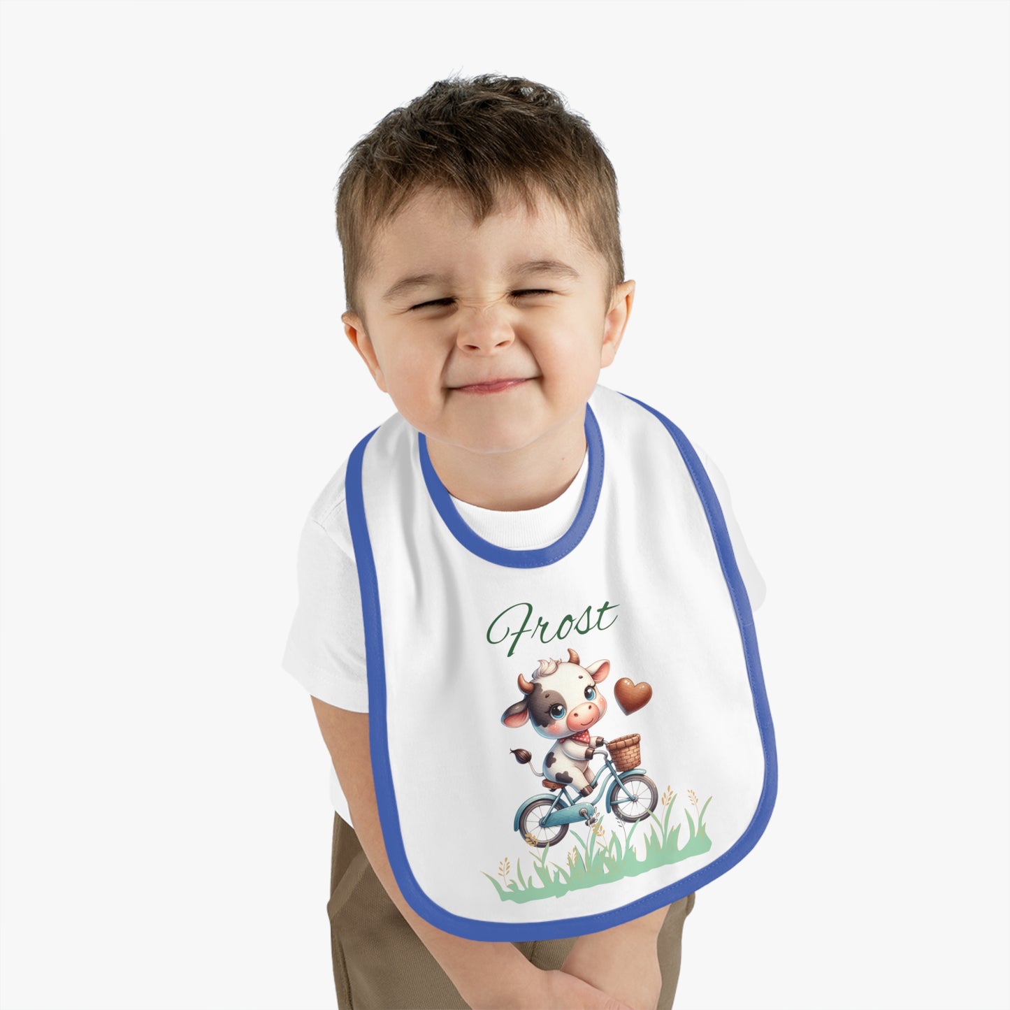 Personalized Baby Bib — Cute Cow on Bike Design with Name 'Frost'