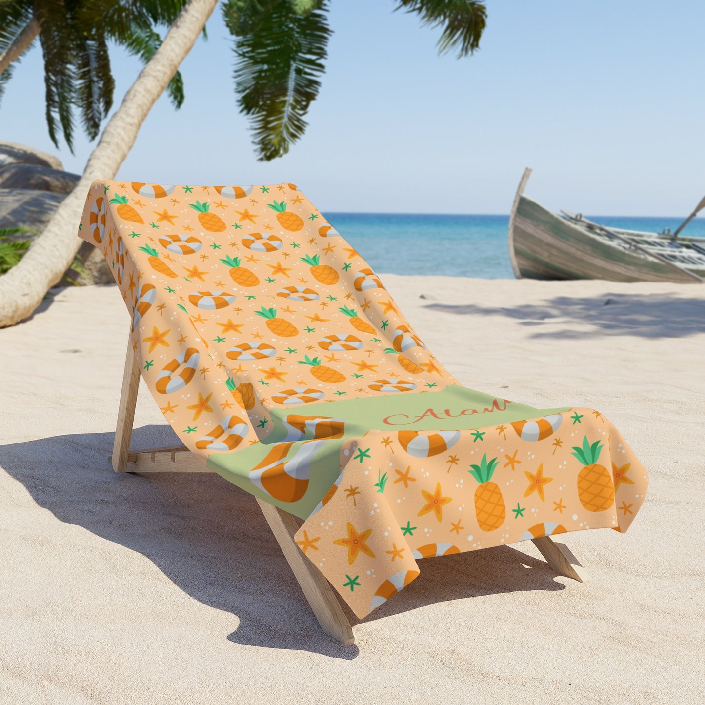 Personalized Pineapple & Lifesaver Beach Towel — Custom Name Tropical Summer Towel