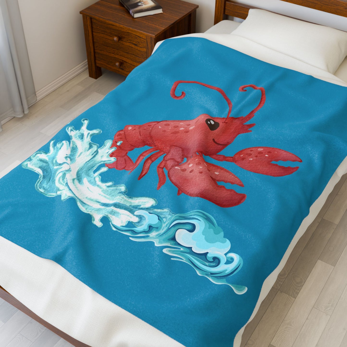 Cheerful red lobster emerging from stylized blue waves Velveteen Plush Blanket