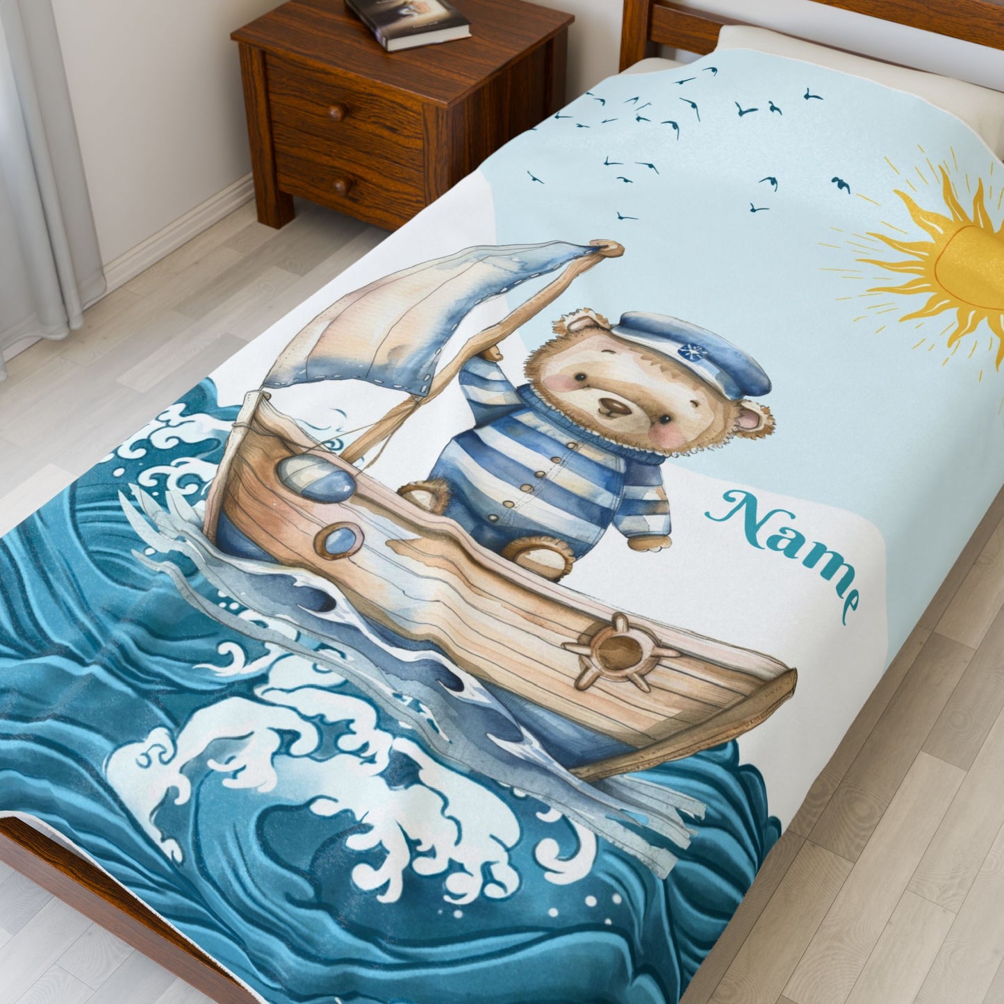Nautical Bear Plush Blanket, Personalized Baby Blanket, Nursery Decor, Gift for New Parents, Cozy Blanket for Kids