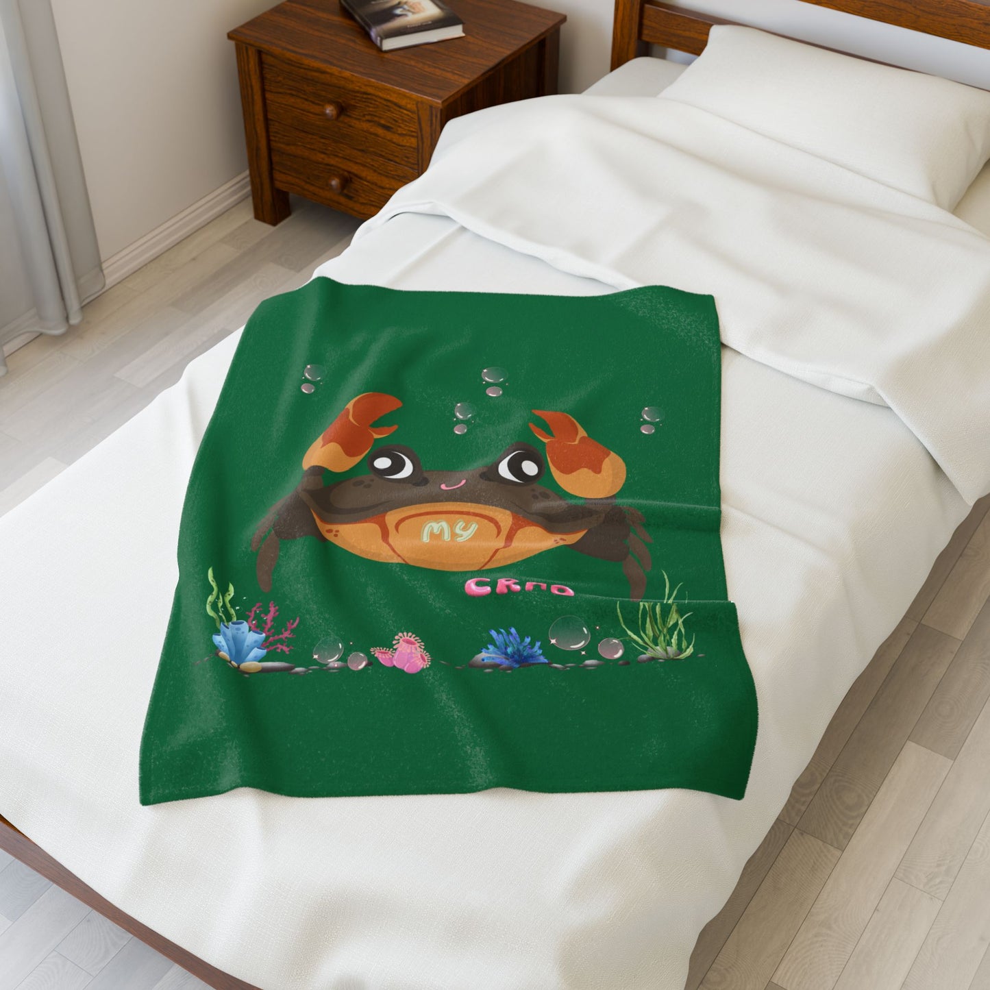 Crab with subtle bubbles and underwater flora Velveteen Plush Blanket