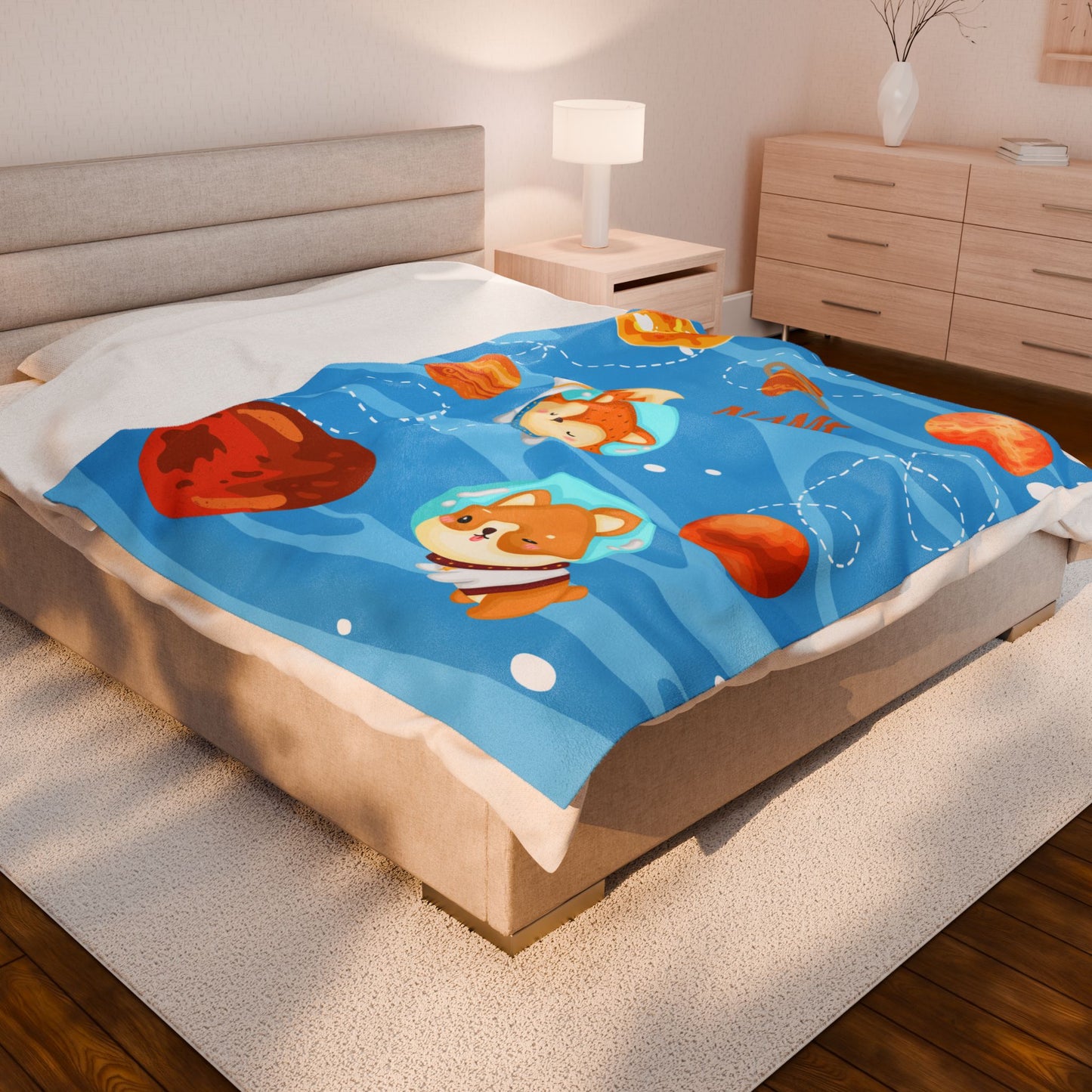 Cute Planetary Velveteen Plush Blanket | Personalized Gift | Kids Room Decor, Cozy Throw, Space Theme, Baby Shower, Birthday Gift