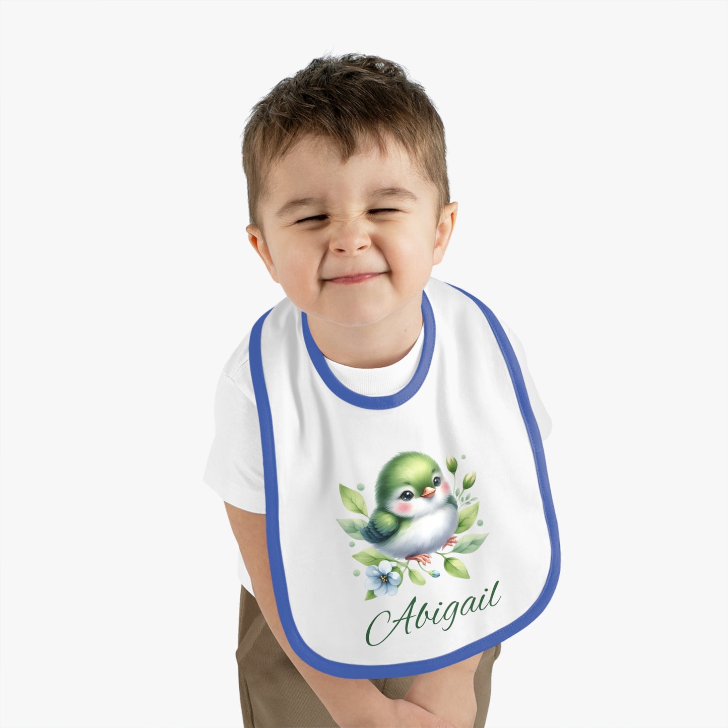 Personalized Baby Bib — Green Watercolor Bird with Name
