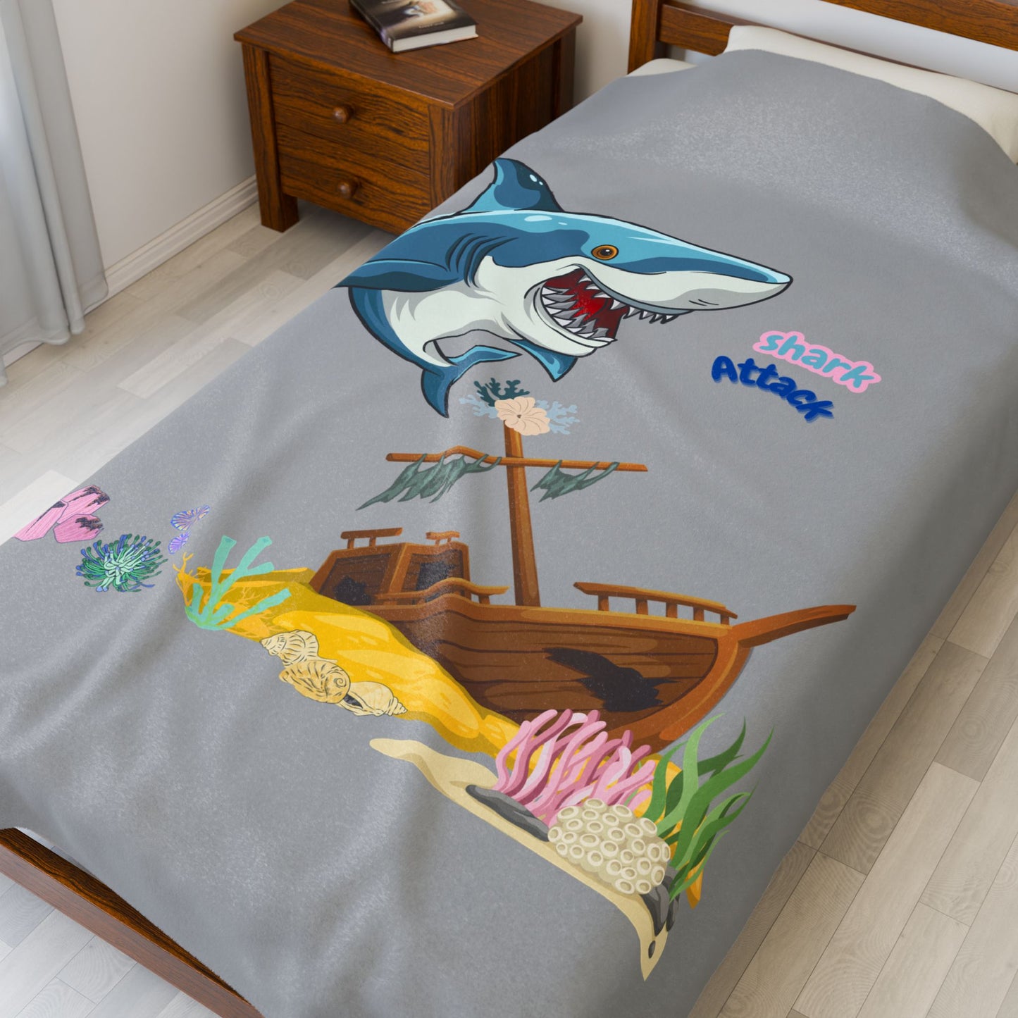 Shark ship colorful coral reef Velveteen Plush Blanket