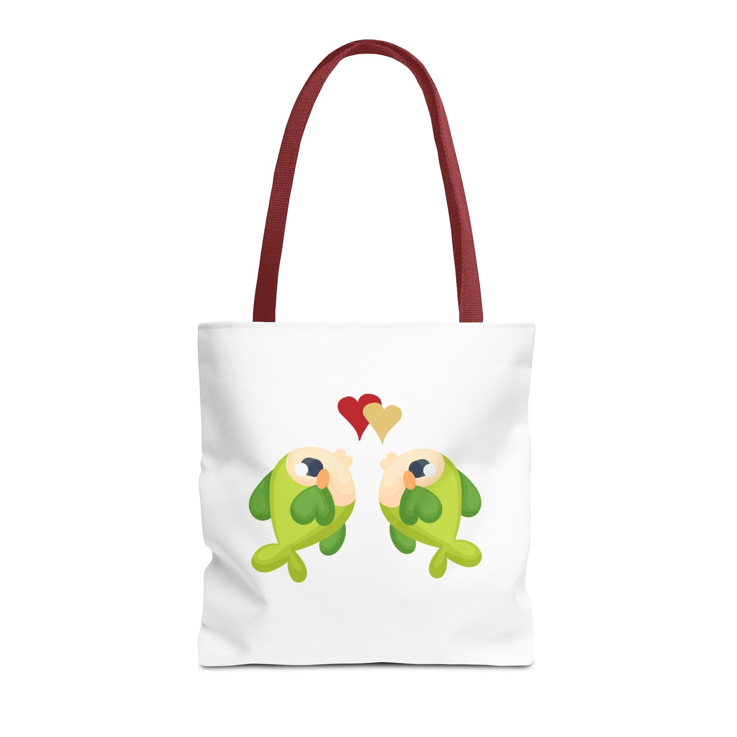 Two hearts float between the fish one red and one yellow. Tote Bag