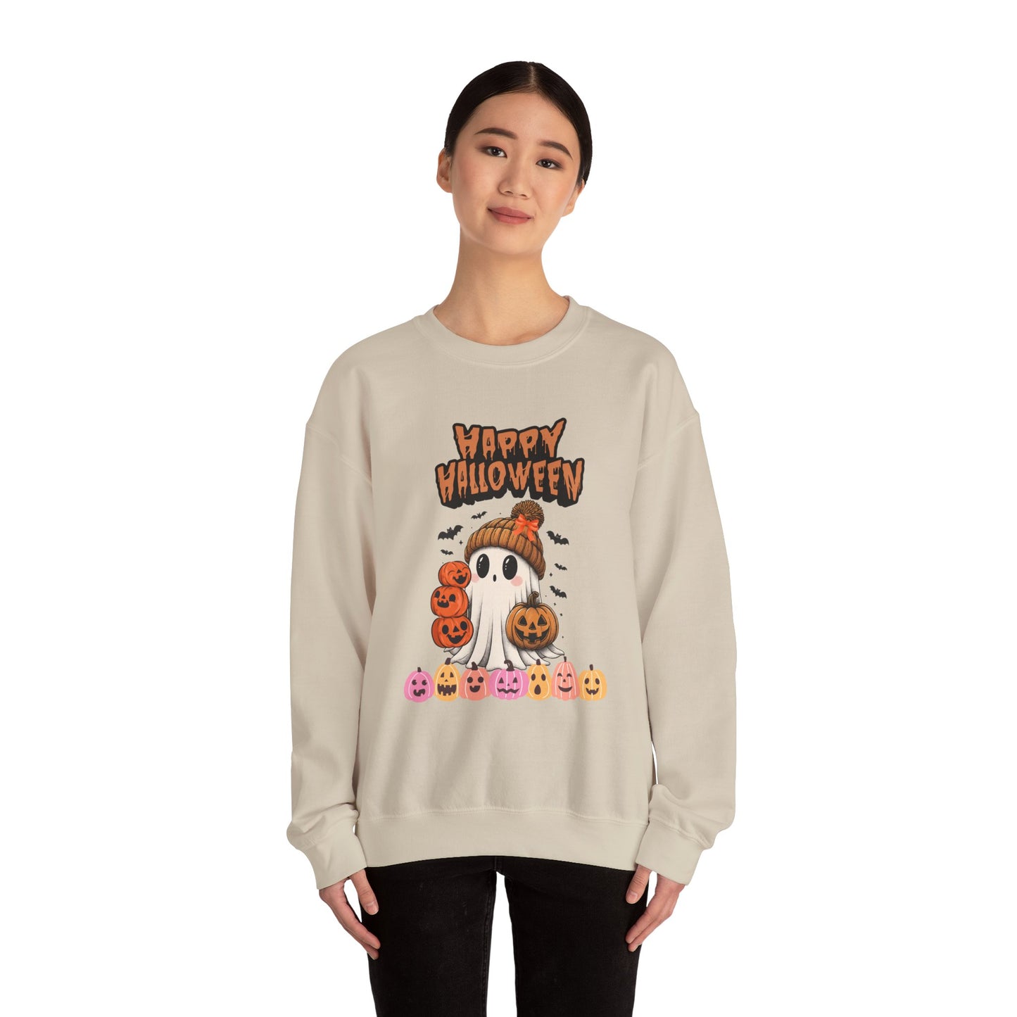 Cozy Halloween Sweatshirt, Unisex Crewneck with Ghost & Pumpkin Design, Fall Fashion, October Gifts, Spooky Season Apparel