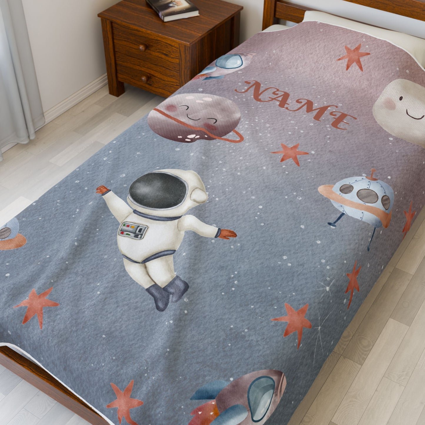 Personalized Space-Themed Velveteen Plush Blanket, Cozy Kids Blanket, Astronaut Decor, Custom Baby Shower Gift, Soft Throw Blanket