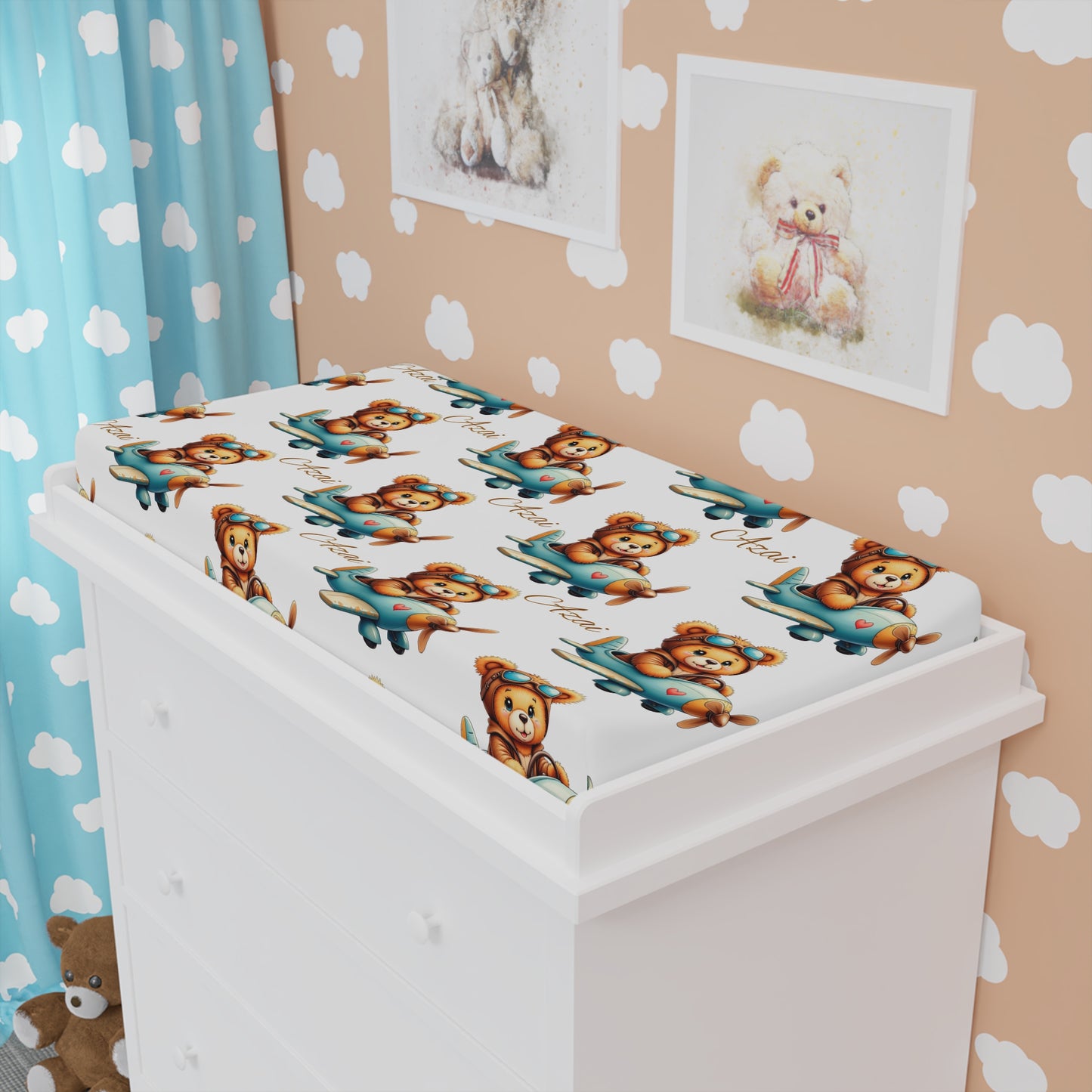 Bear Pilot Baby Changing Pad Cover — Cute Airplane Nursery Print