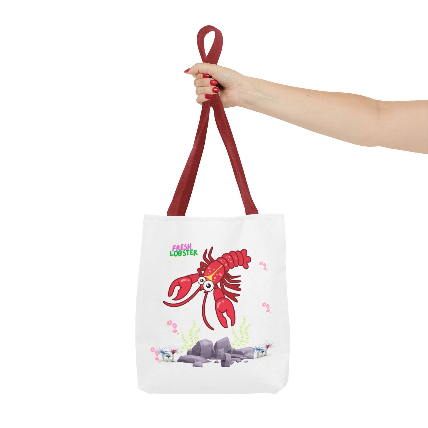 Friendly red lobster big eyes and yellow strip Tote Bag
