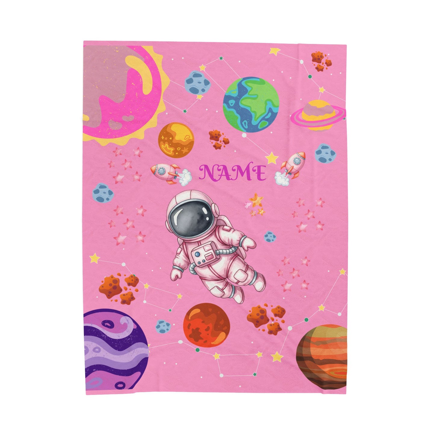 Cozy Astronaut Velveteen Blanket for Kids, Personalized Space Rocket Throw for Nursery, Gifts for Birthdays, Baby Showers, and Holidays