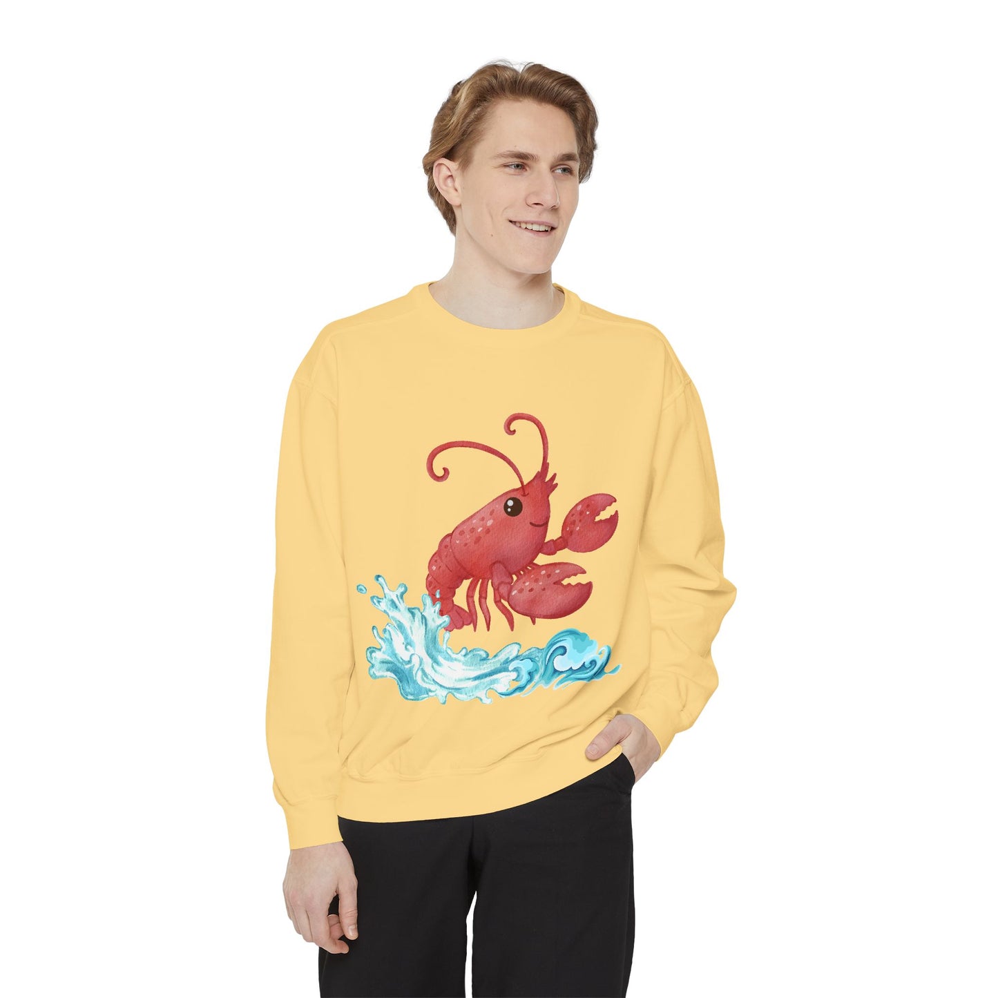 Cheerful red lobster emerging from stylized blue waves Unisex Garment-Dyed Sweatshirt