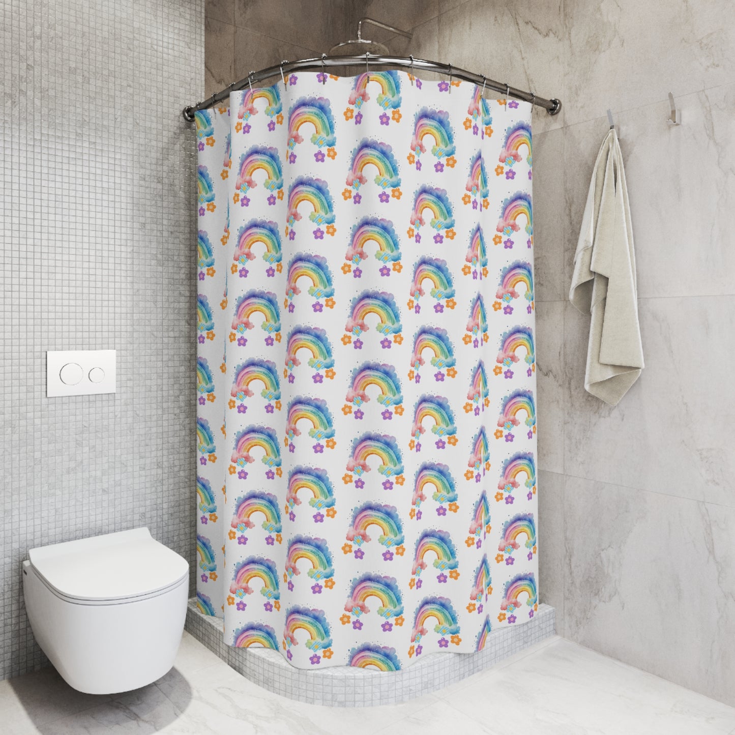 Rainbow Pattern Shower Curtain — Cute Watercolor Rainbows & Stars Bathroom Decor