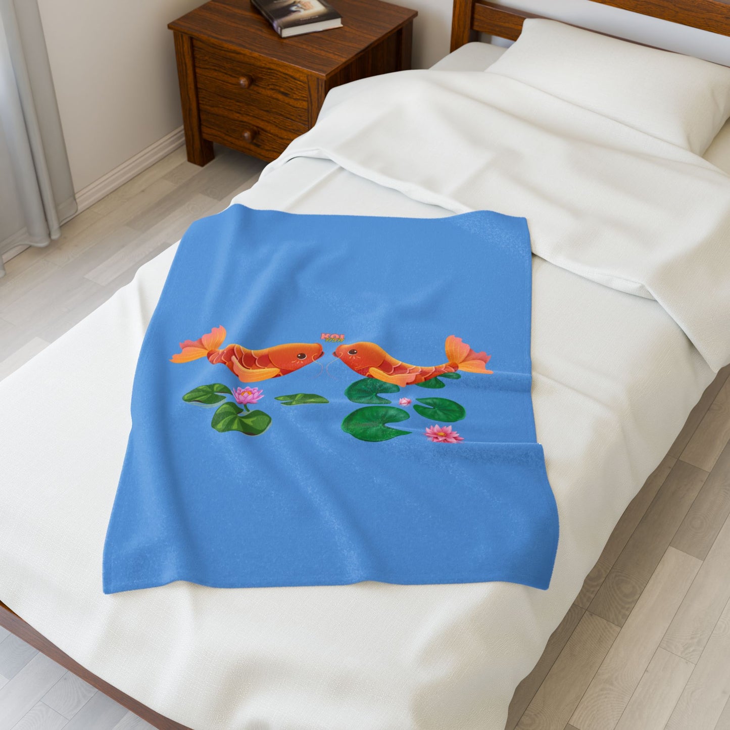 Golden koi fish with lotus flowers Velveteen Plush Blanket