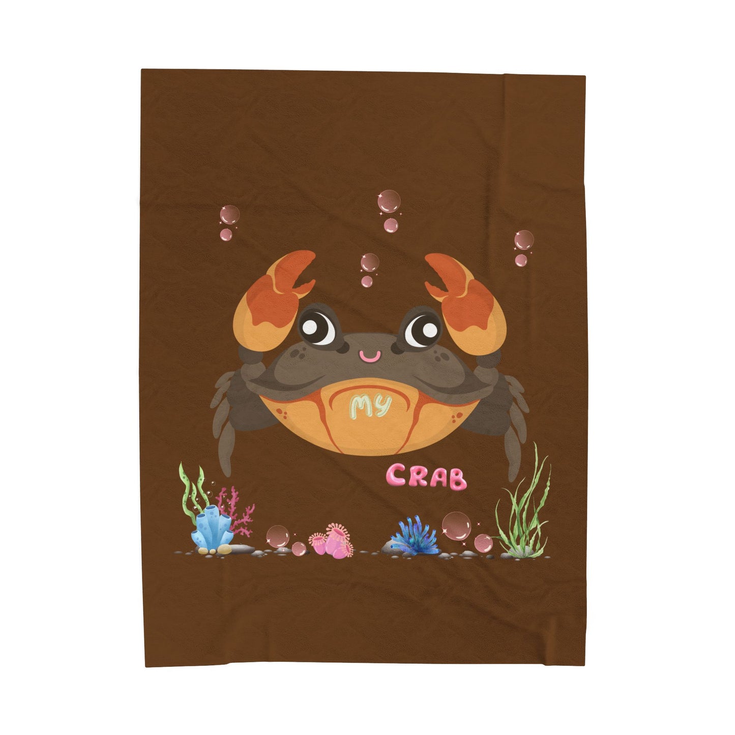 Crab with subtle bubbles and underwater flora Velveteen Plush Blanket