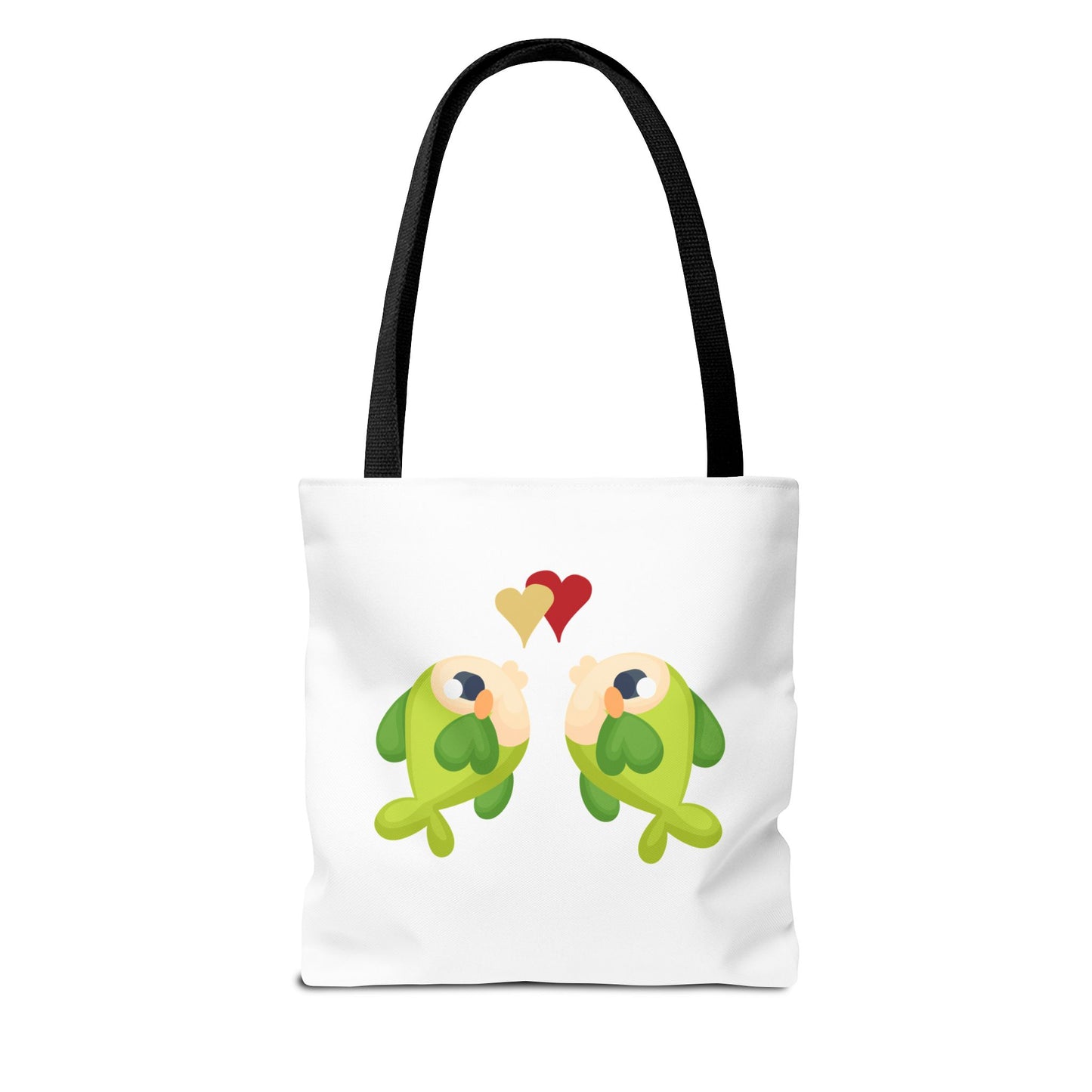Two hearts float between the fish one red and one yellow. Tote Bag