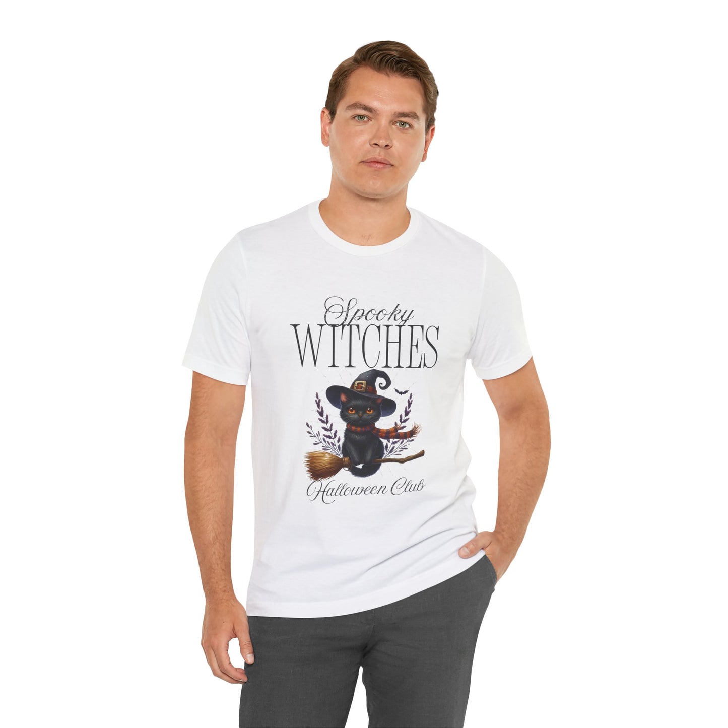 Spooky Witches Halloween Tee, Unisex Short Sleeve Shirt, Witch T-Shirt, Halloween Costume Top, Cat Lovers Gift, Fall Fashion