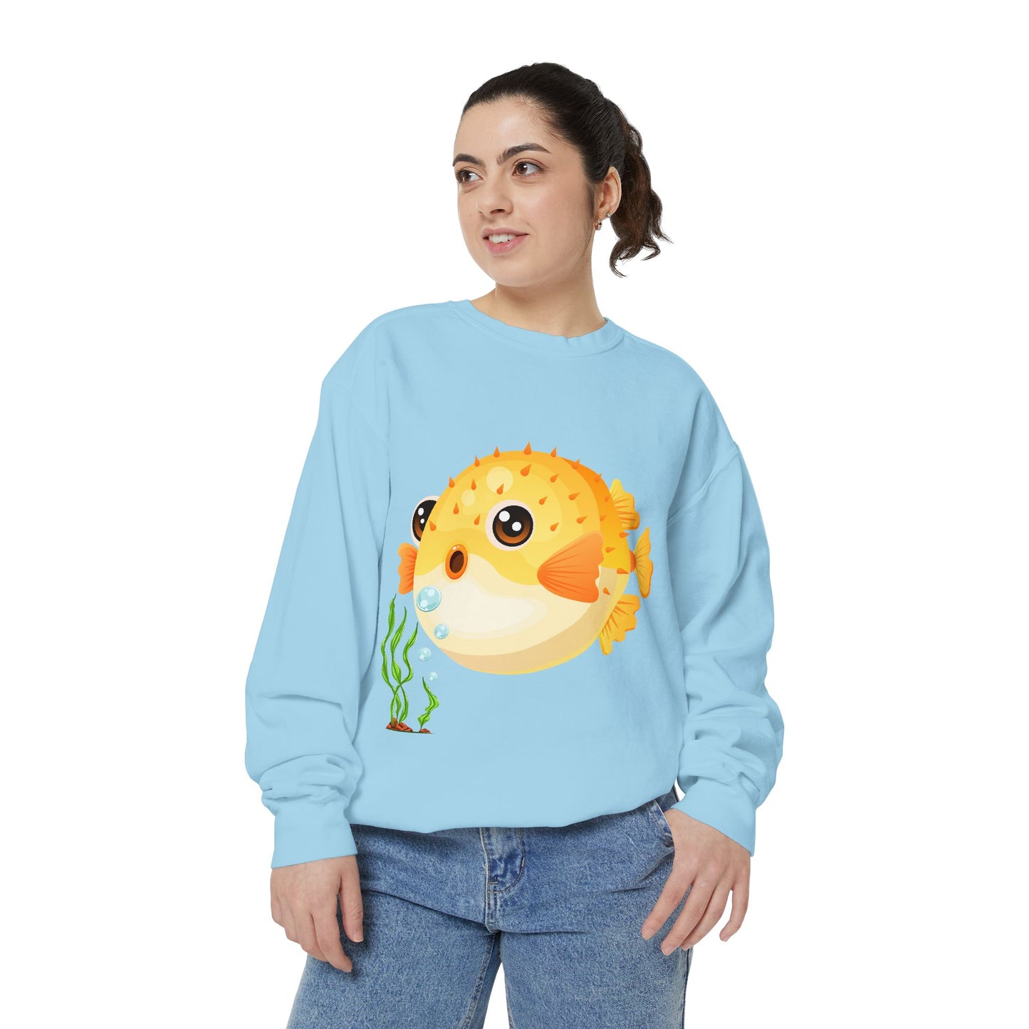 Cartoon Pufferfish with seaweed Unisex Garment-Dyed Sweatshirt