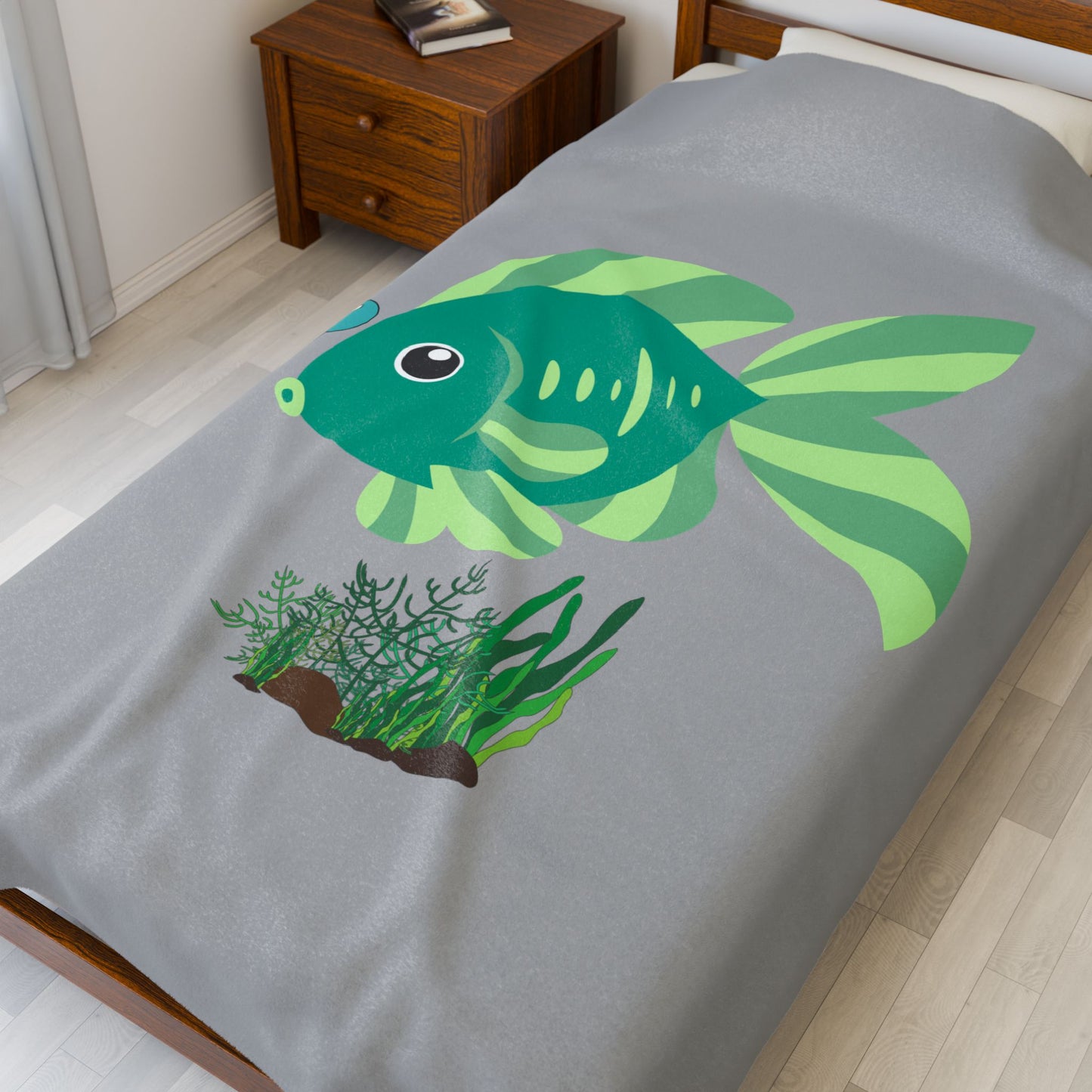 Green fish with bubbles and aquatic plants Velveteen Plush Blanket