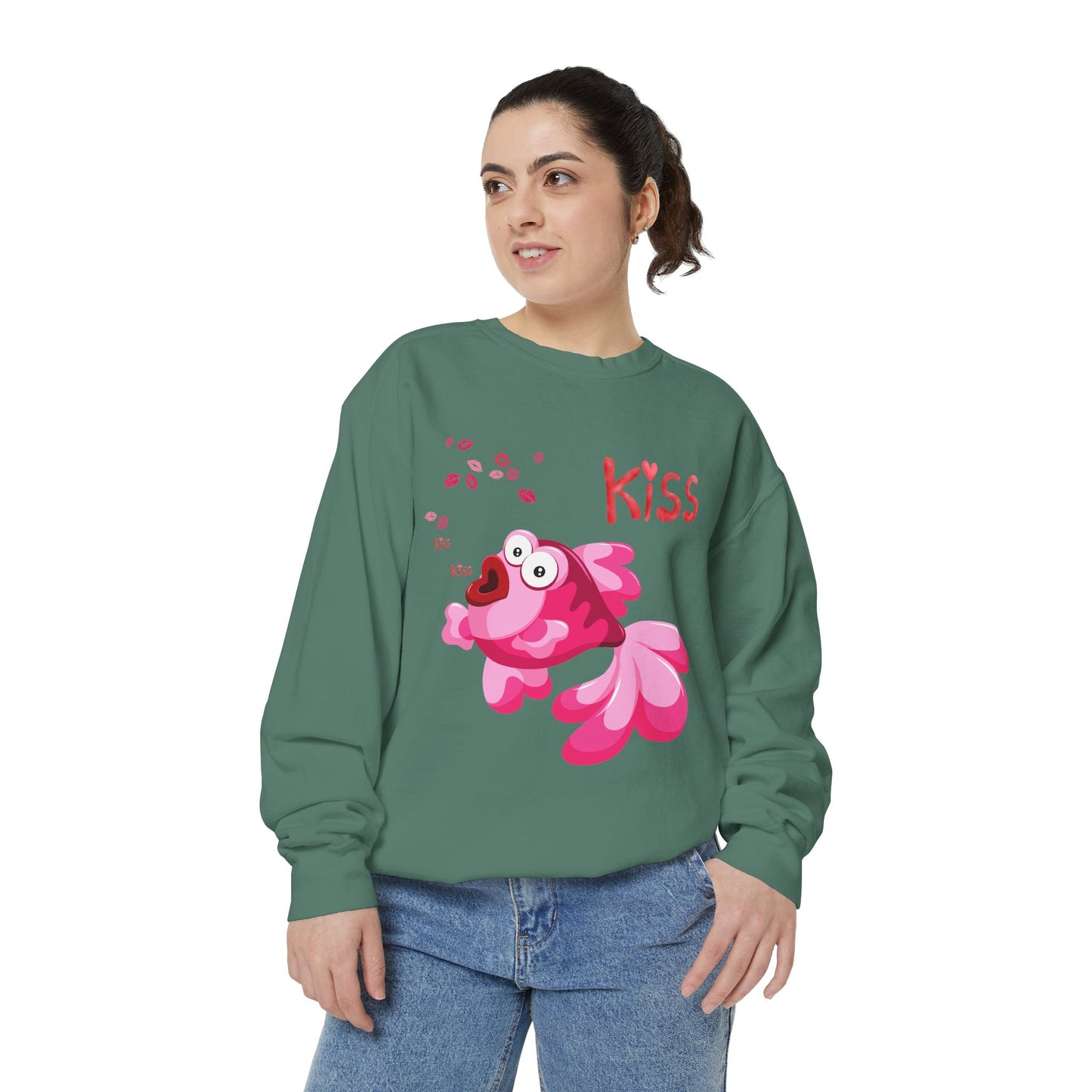Pink fish with open mouth and kiss Unisex Garment-Dyed Sweatshirt