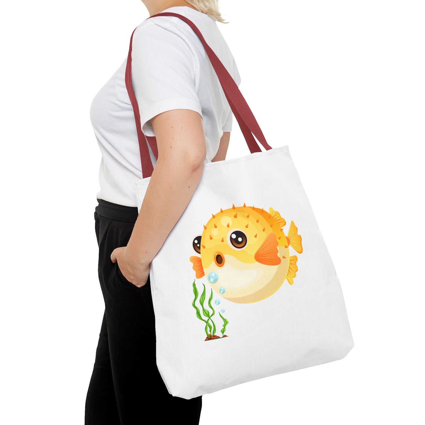 Cartoon Pufferfish with seaweed Tote Bag