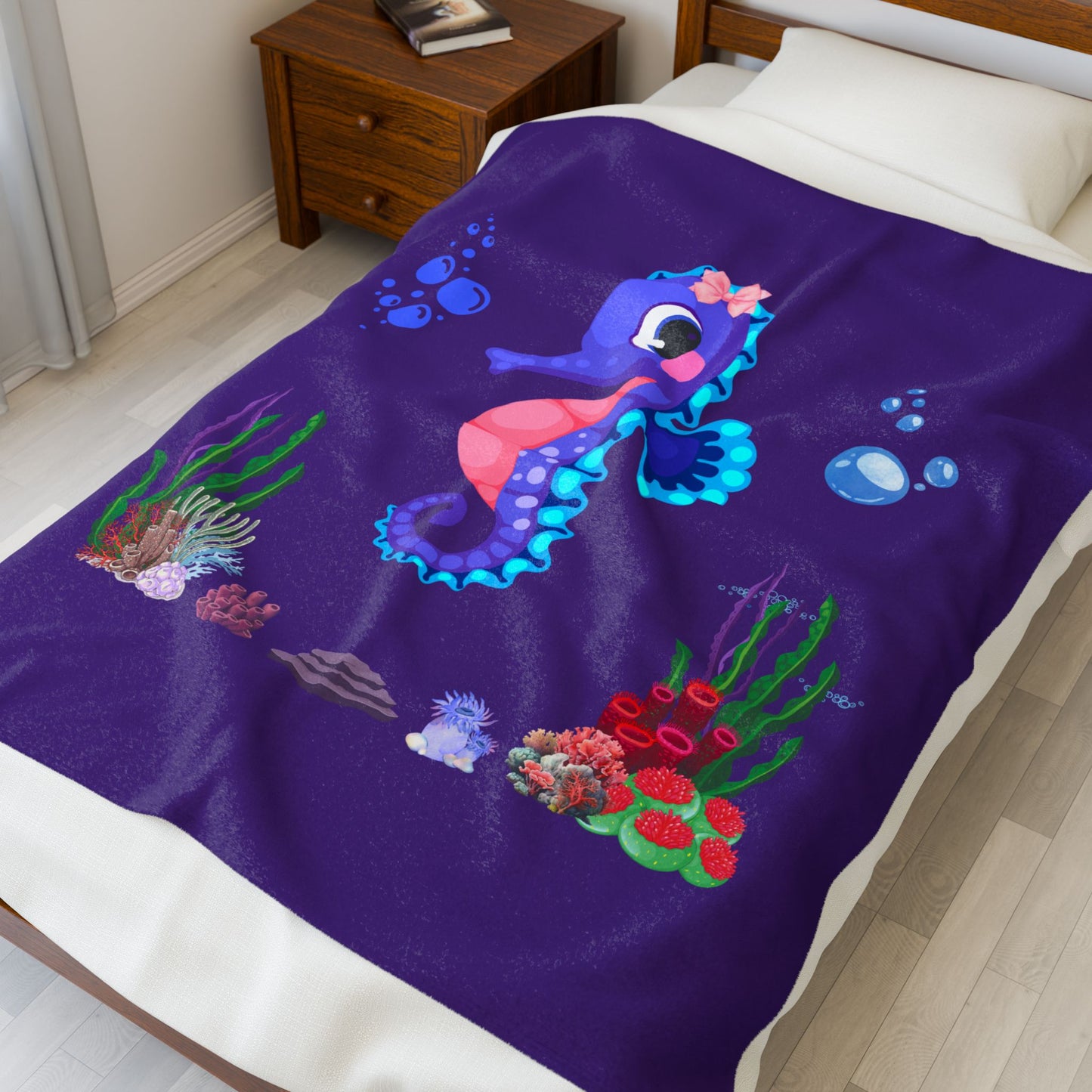Seahores playful under the sea Velveteen Plush Blanket