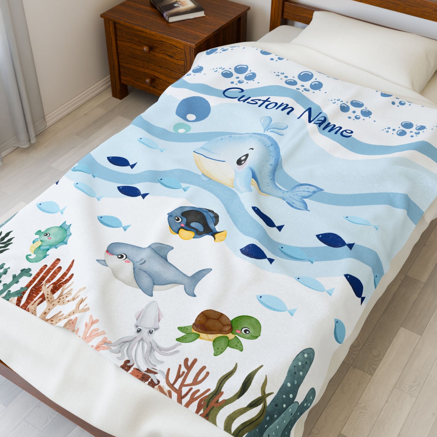 Custom Whale Theme Velveteen Blanket for Kids, Cozy Throw, Personalized Gift, Nursery Decor, Ocean Lovers, Baby Shower