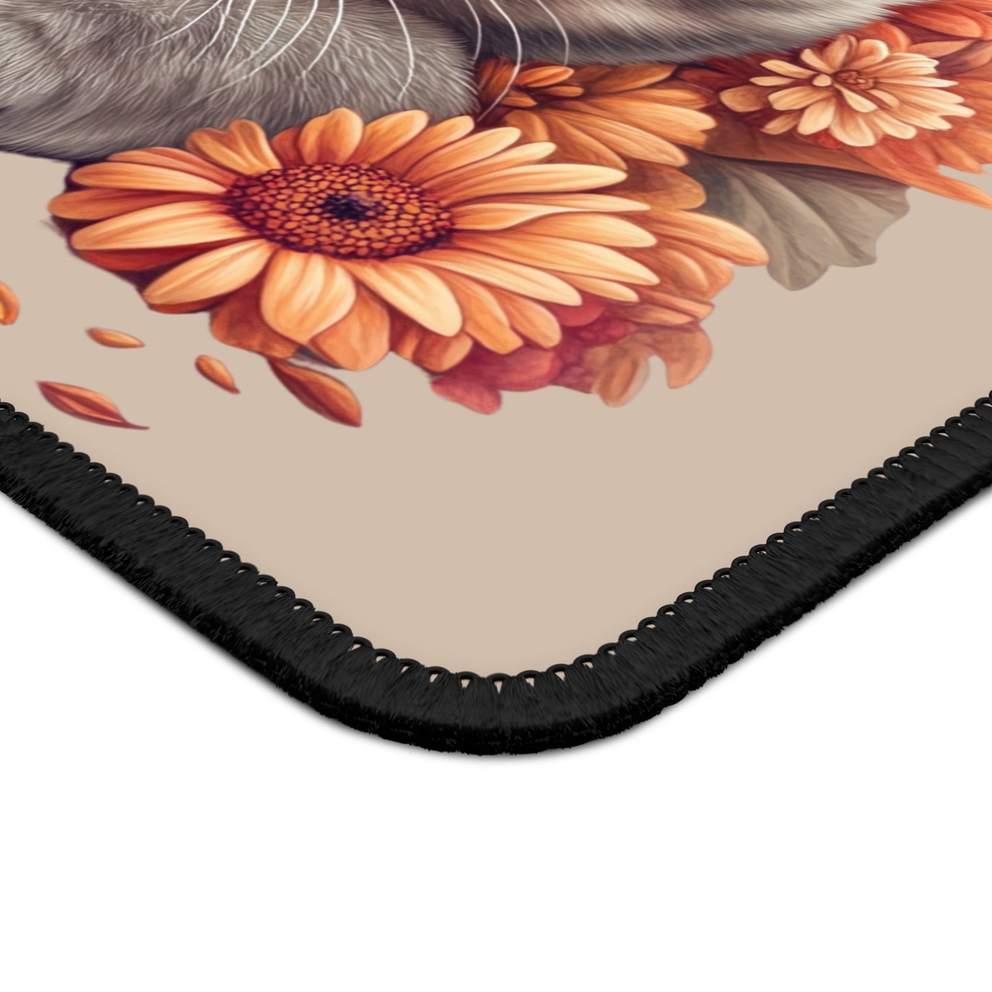 Cute Kitten Floral Gaming Mouse Pad — Adorable Gray Cat with Orange Flowers