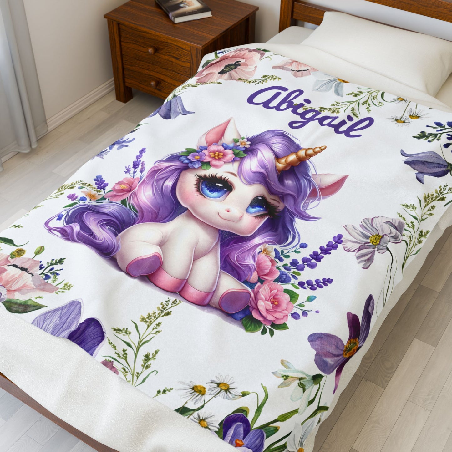 Personalized Unicorn Plush Blanket, Cozy Child's Blanket, Gift for Kids, Floral Throw, Child's Room Decor, Baby Shower Gift