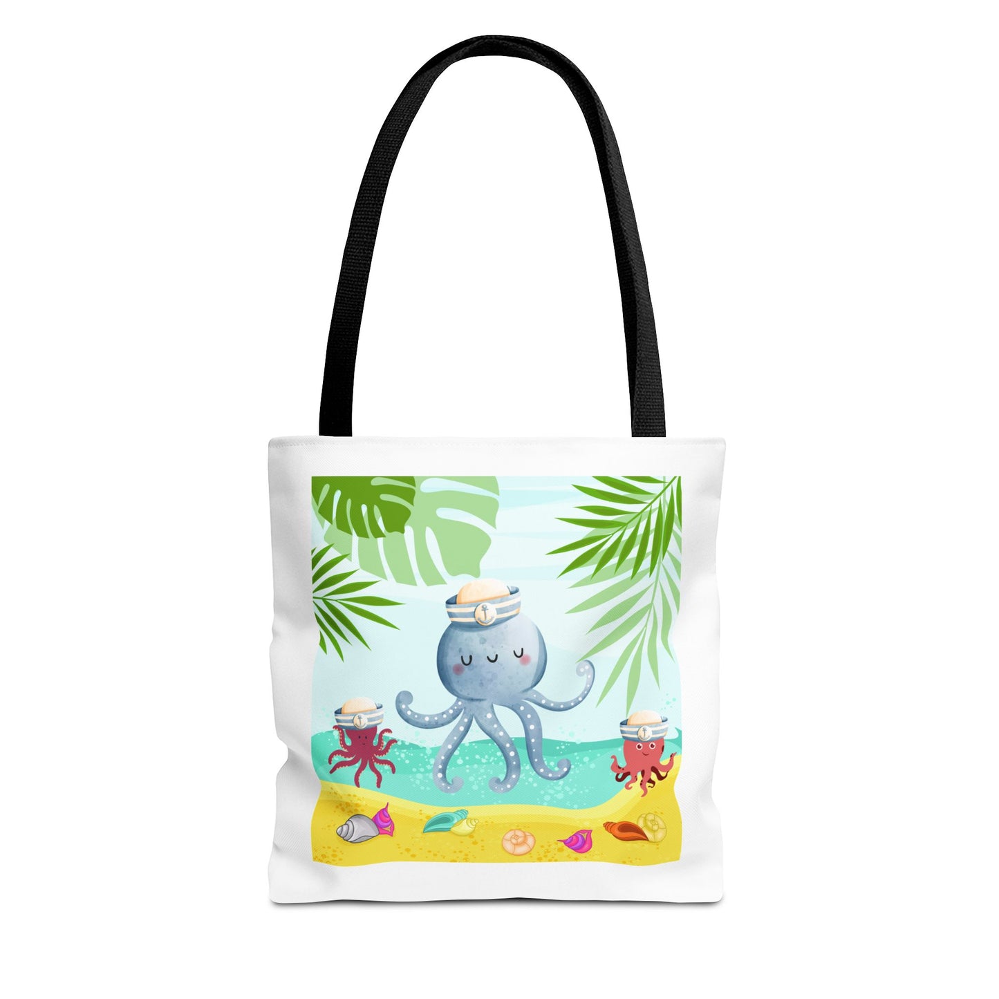 Octopus on a beach scene with tropical Tote Bag