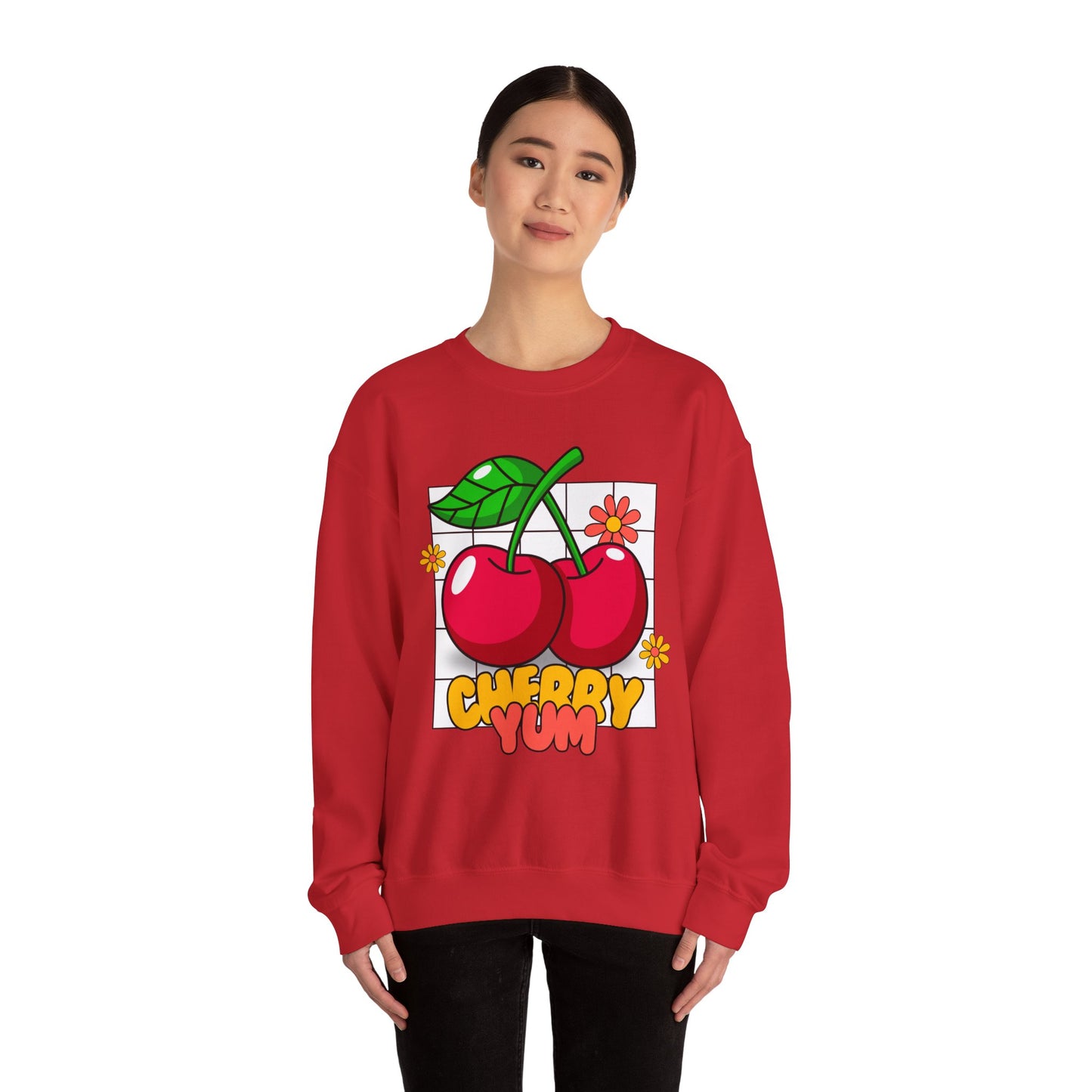 Cherry Yum Graphic Crewneck Sweatshirt | Cozy Unisex Sweater for Casual Wear, Gifts, Summer Vibes, Trendy Fashion, Foodie Apparel